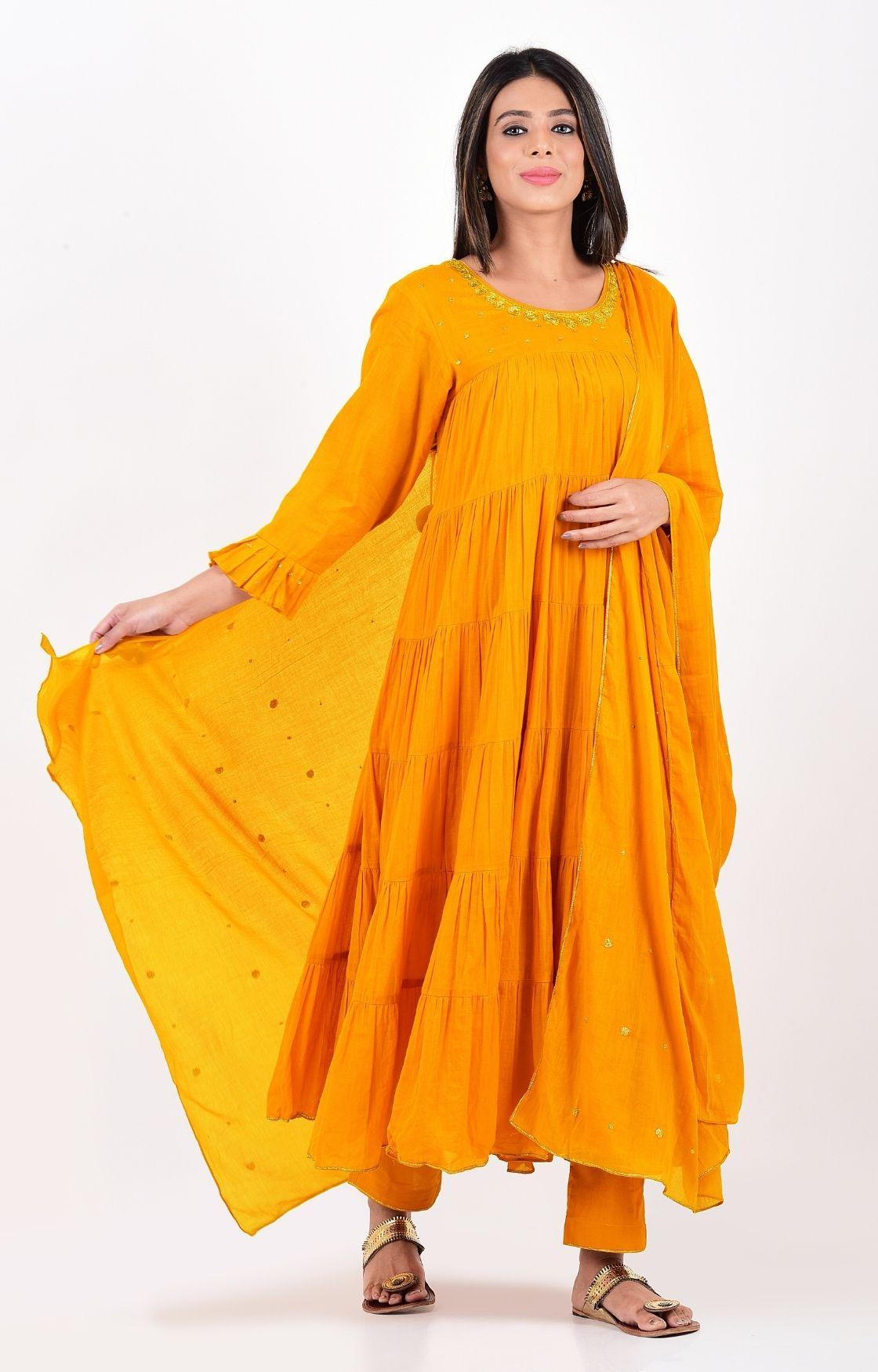 Mustard Yellow Crinkled Layered Kurta Set