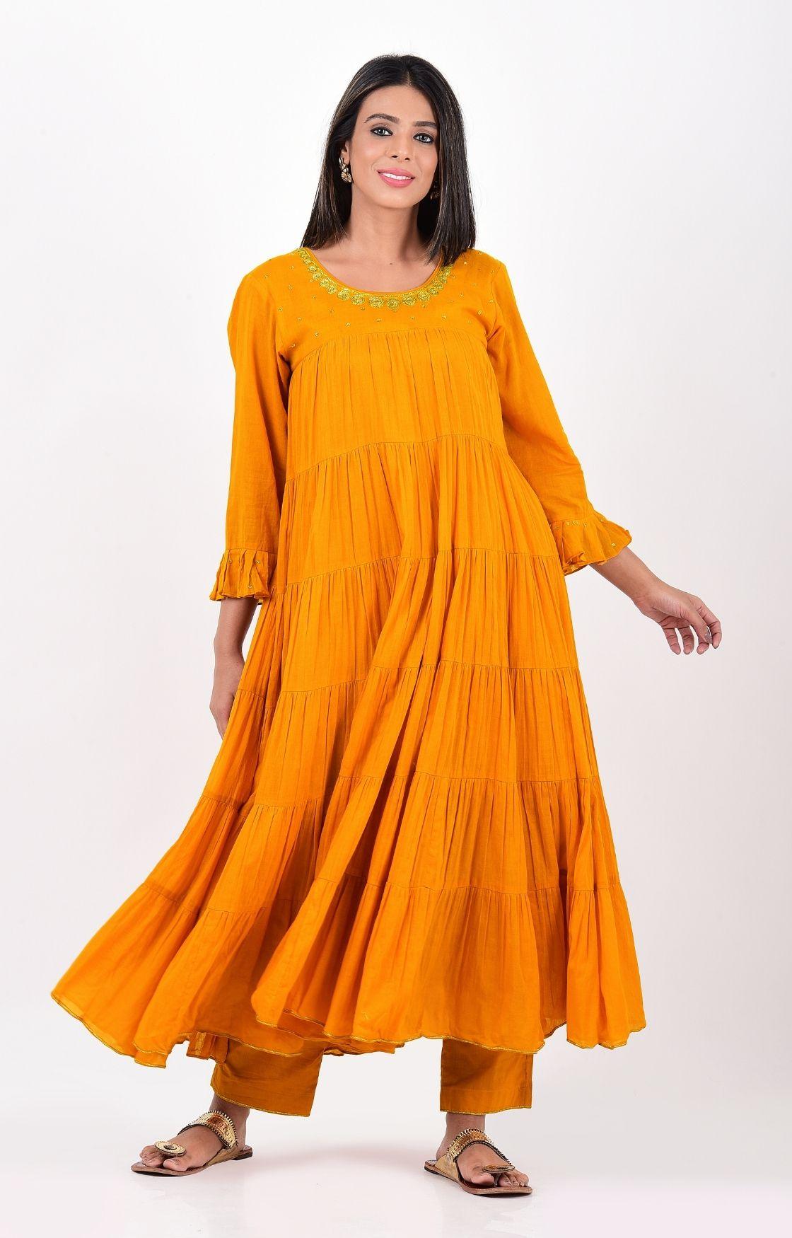 Mustard Yellow Crinkled Layered Kurta Set