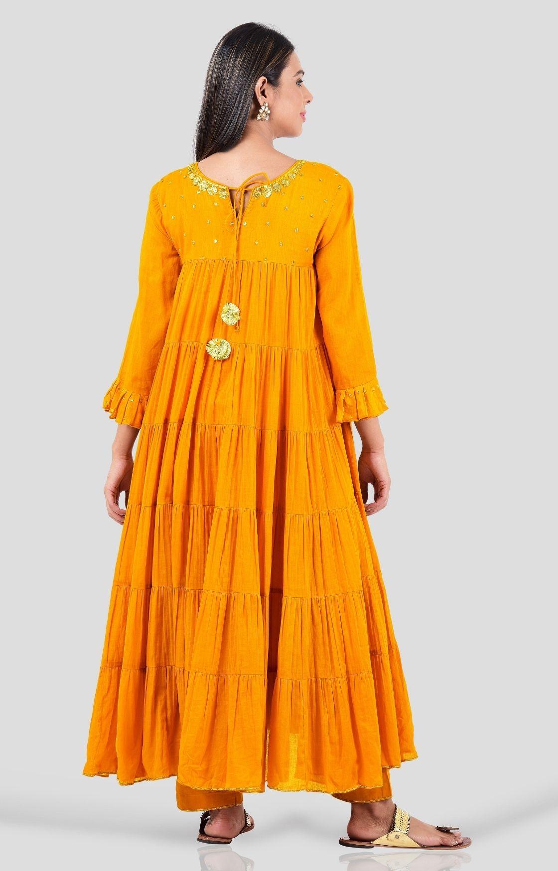 Mustard Yellow Crinkled Layered Kurta Set