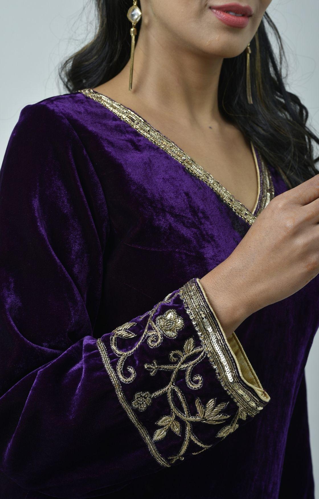 Purple Embroidered Velvet Kurta Set of 3