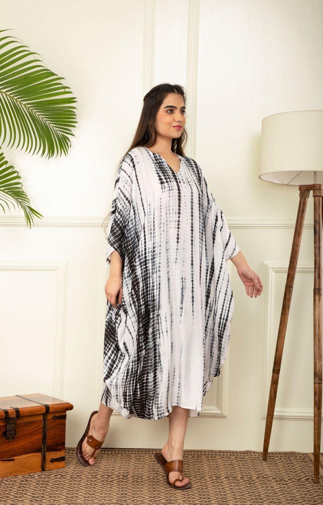 Black And White Rope Tie Dye Cowl Kaftan