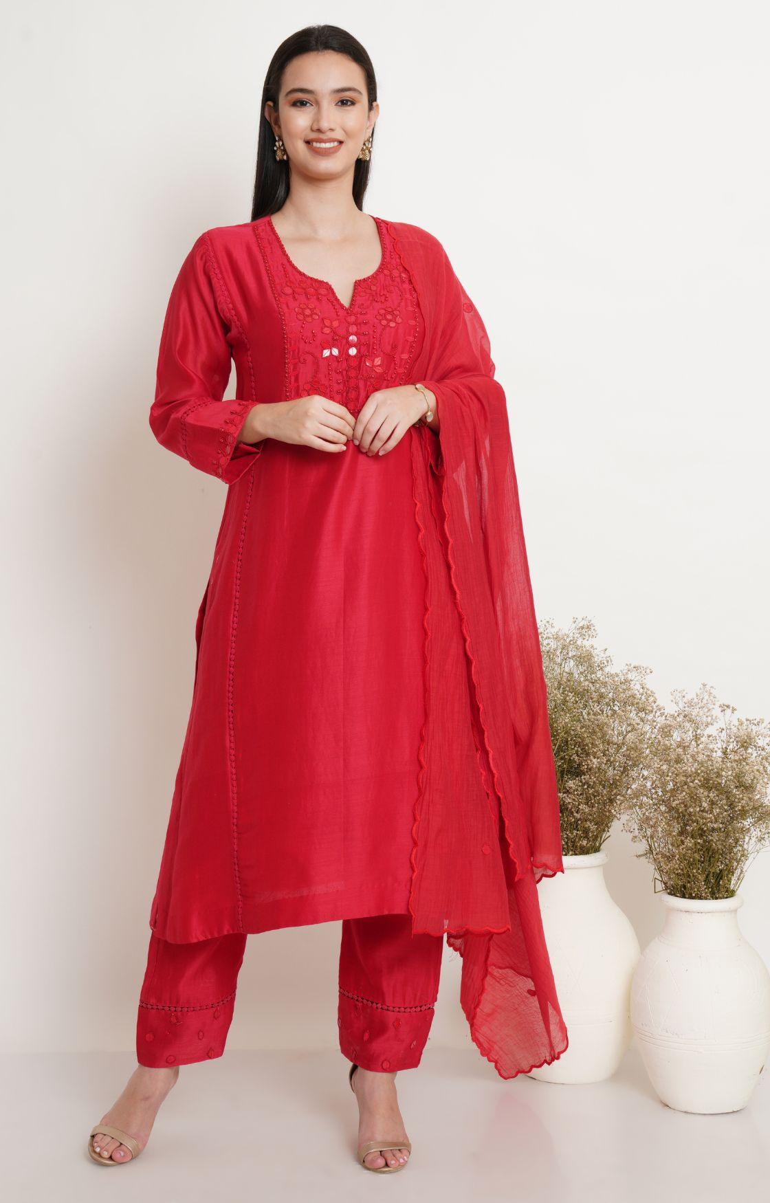 Red Tonal Embroidery Kurta Set