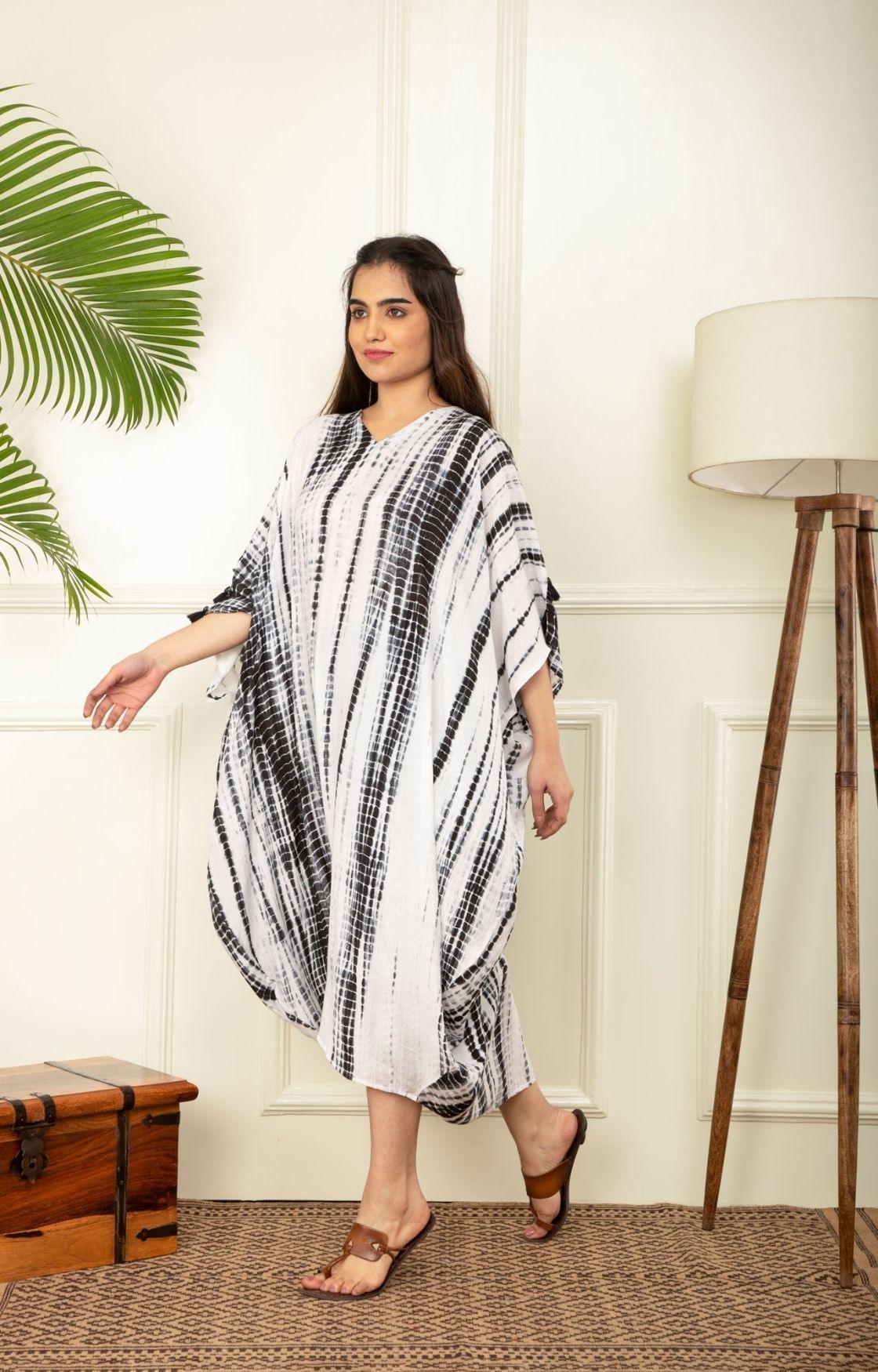 Black And White Rope Tie Dye Cowl Kaftan