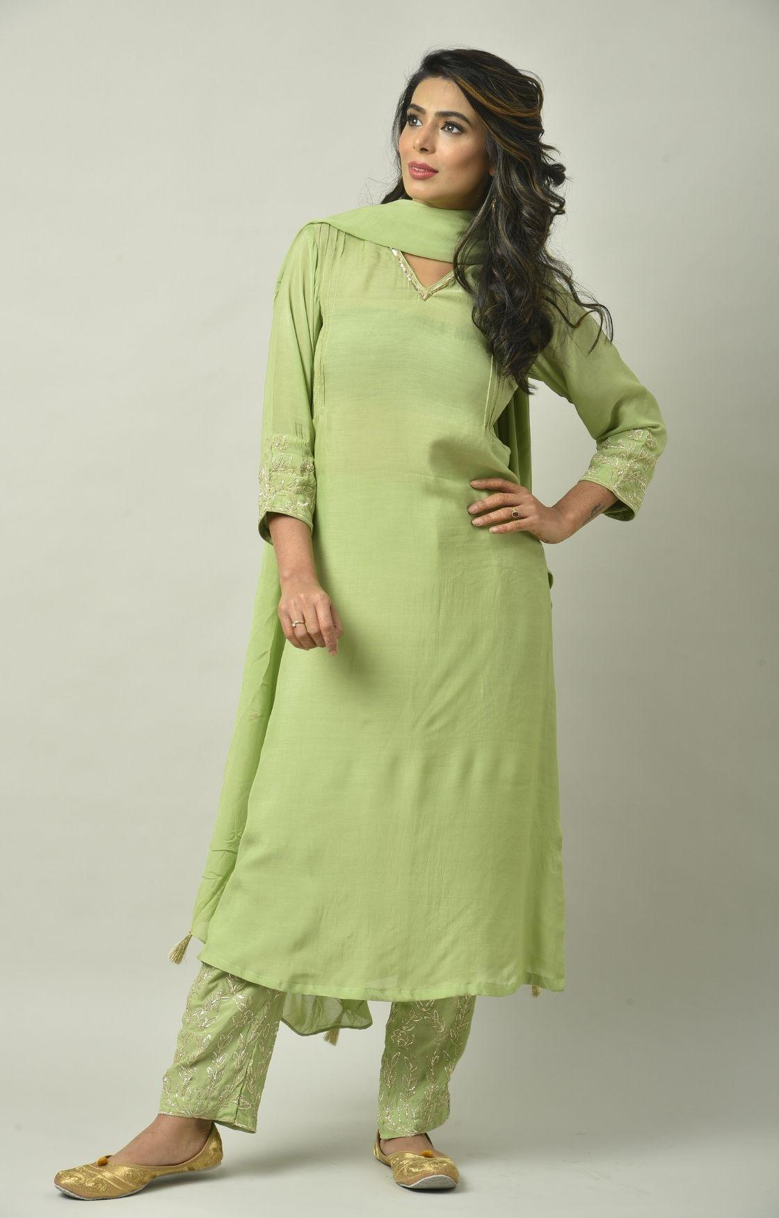 Green Naksi Hand Embroidery Kurta Set