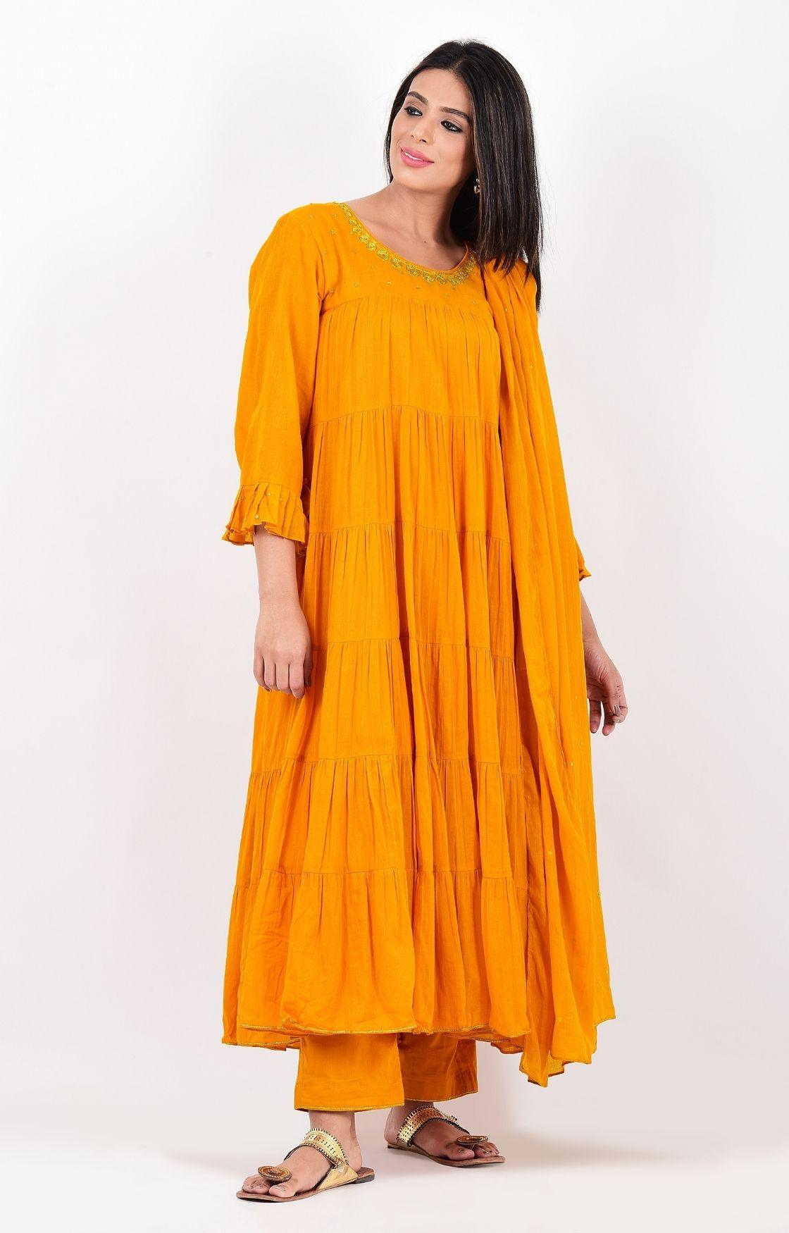 Mustard Yellow Crinkled Layered Kurta Set