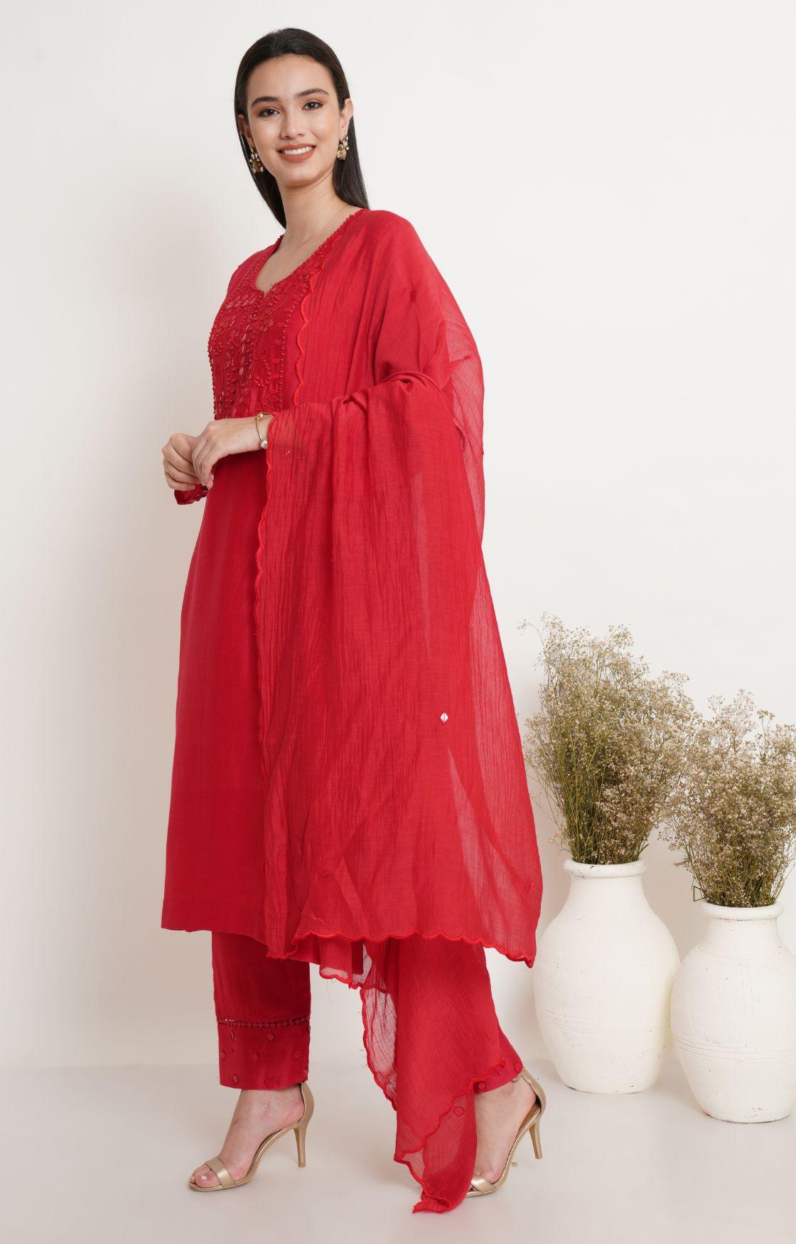 Red Tonal Embroidery Kurta Set