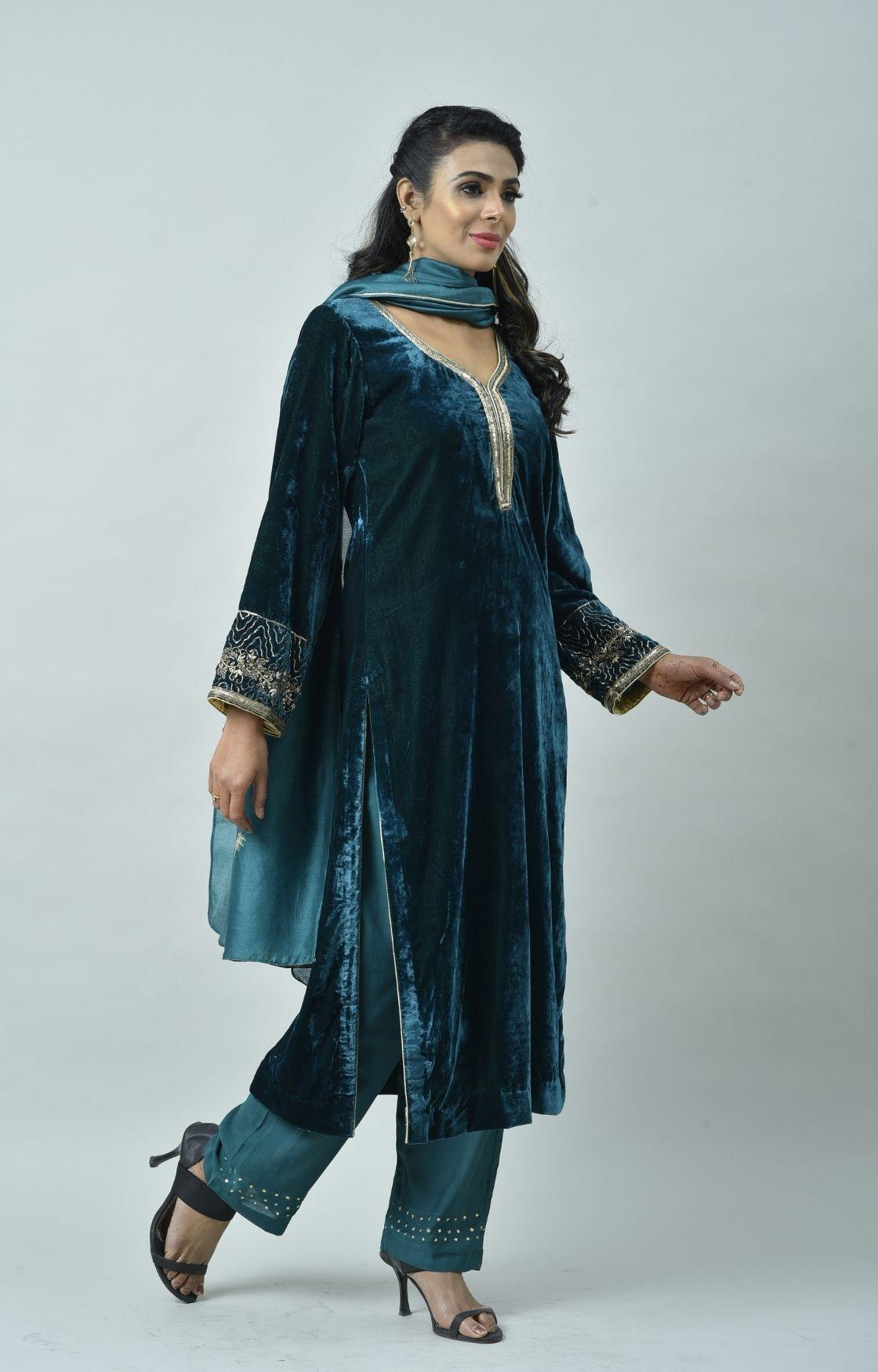 Teal Green Embroidered Velvet Kurta Set of 3