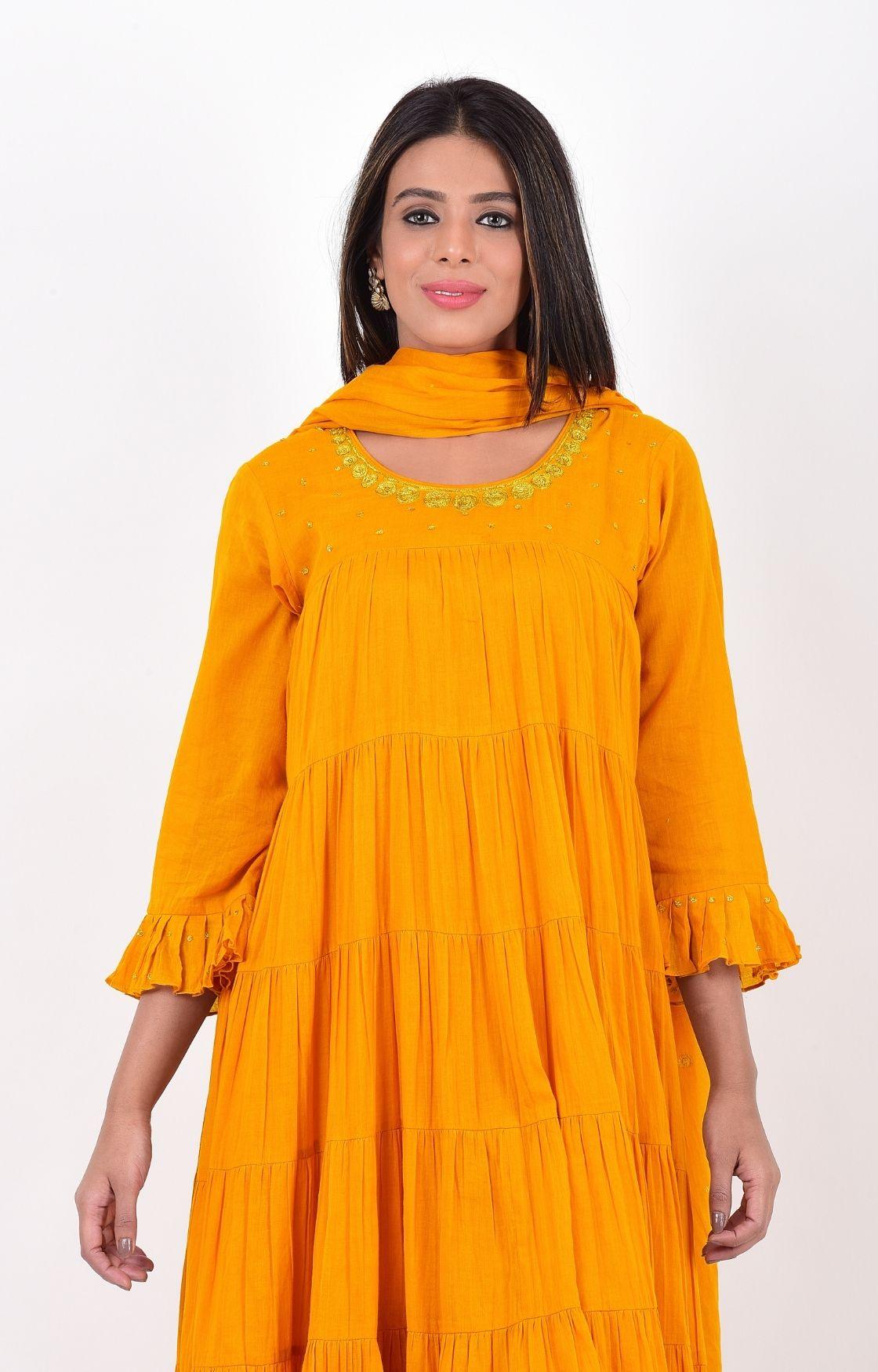 Mustard Yellow Crinkled Layered Kurta Set
