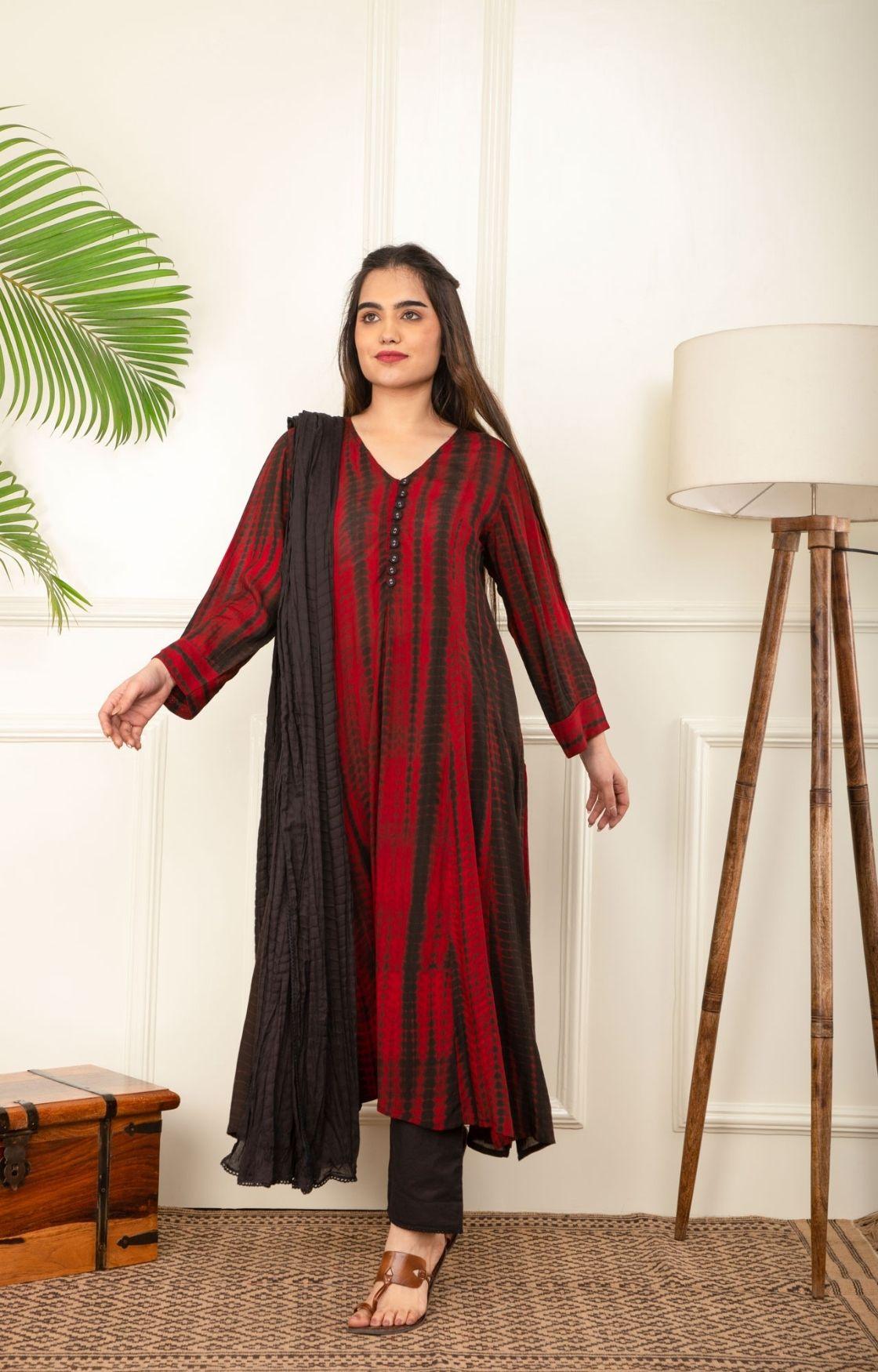 Red and Black Rope Tie Dye Kurta Set