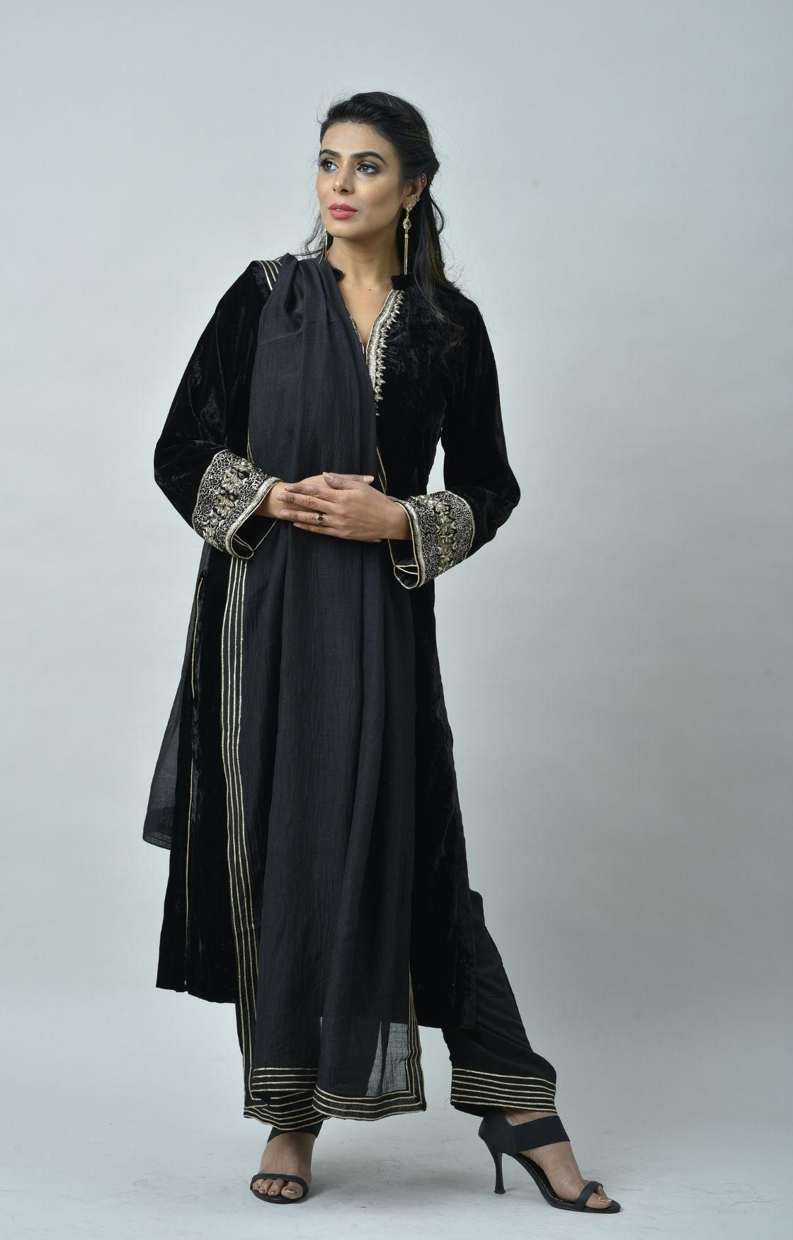 Black Velvet Kurta Set of 3