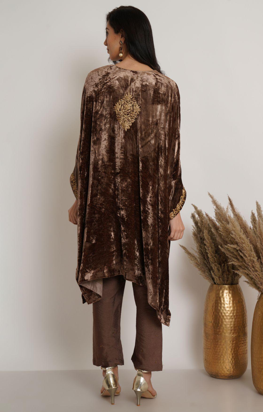Beige Gold Velvet Embroidered Kaftan Set  of 2