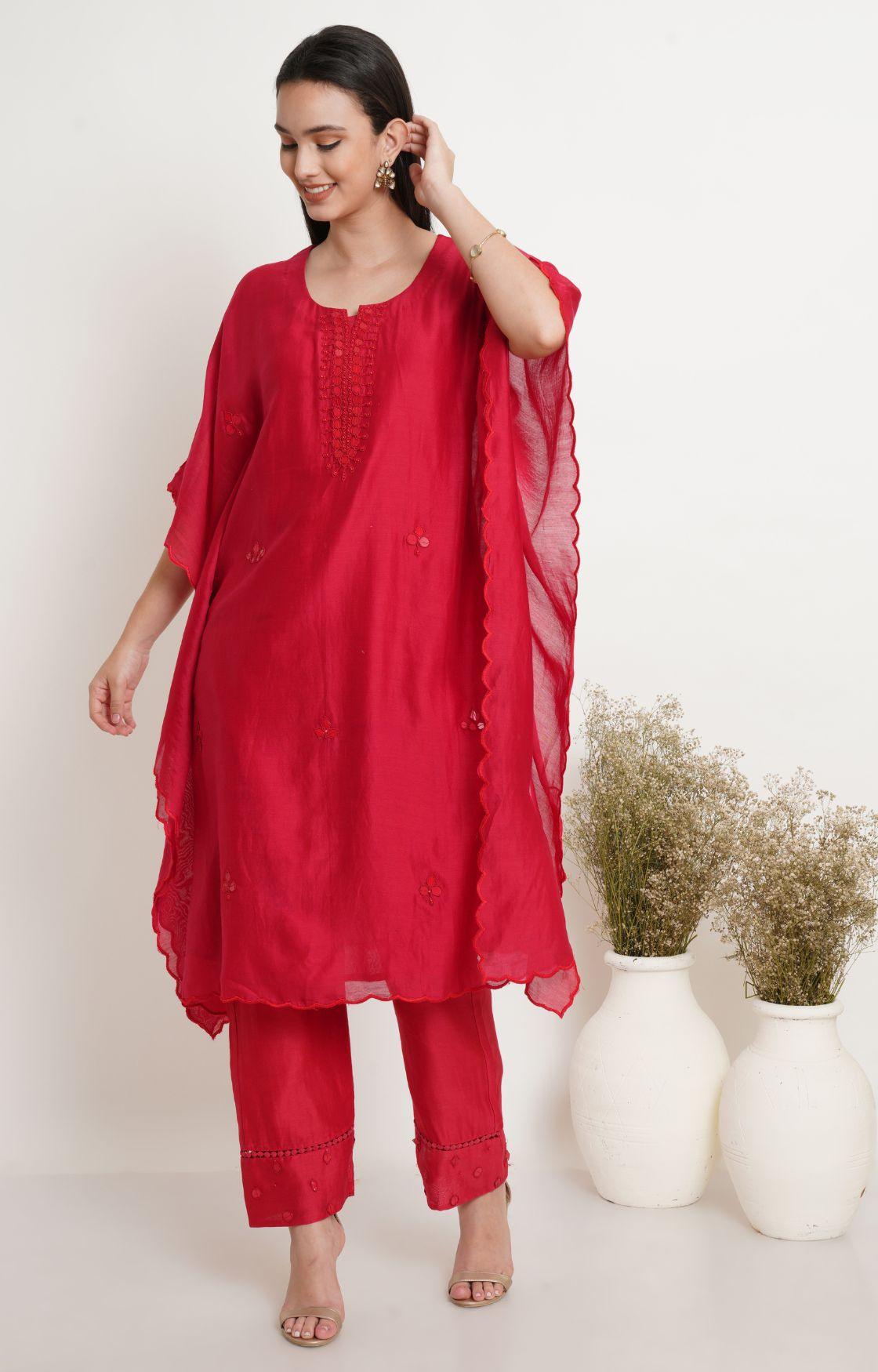 Red Tonal Embroidery Kaftan Set