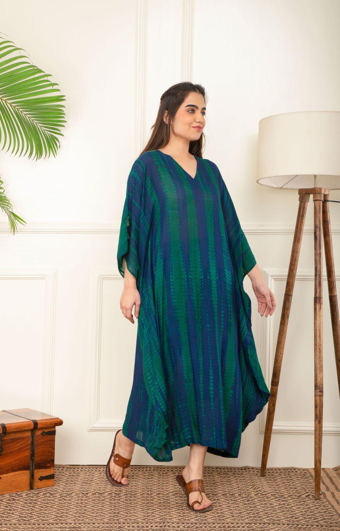Blue And Green Rope Tie Dye Cowl Kaftan