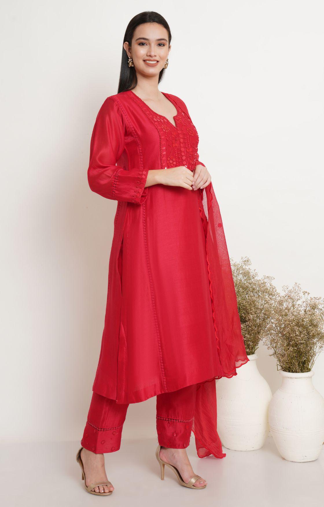 Red Tonal Embroidery Kurta Set