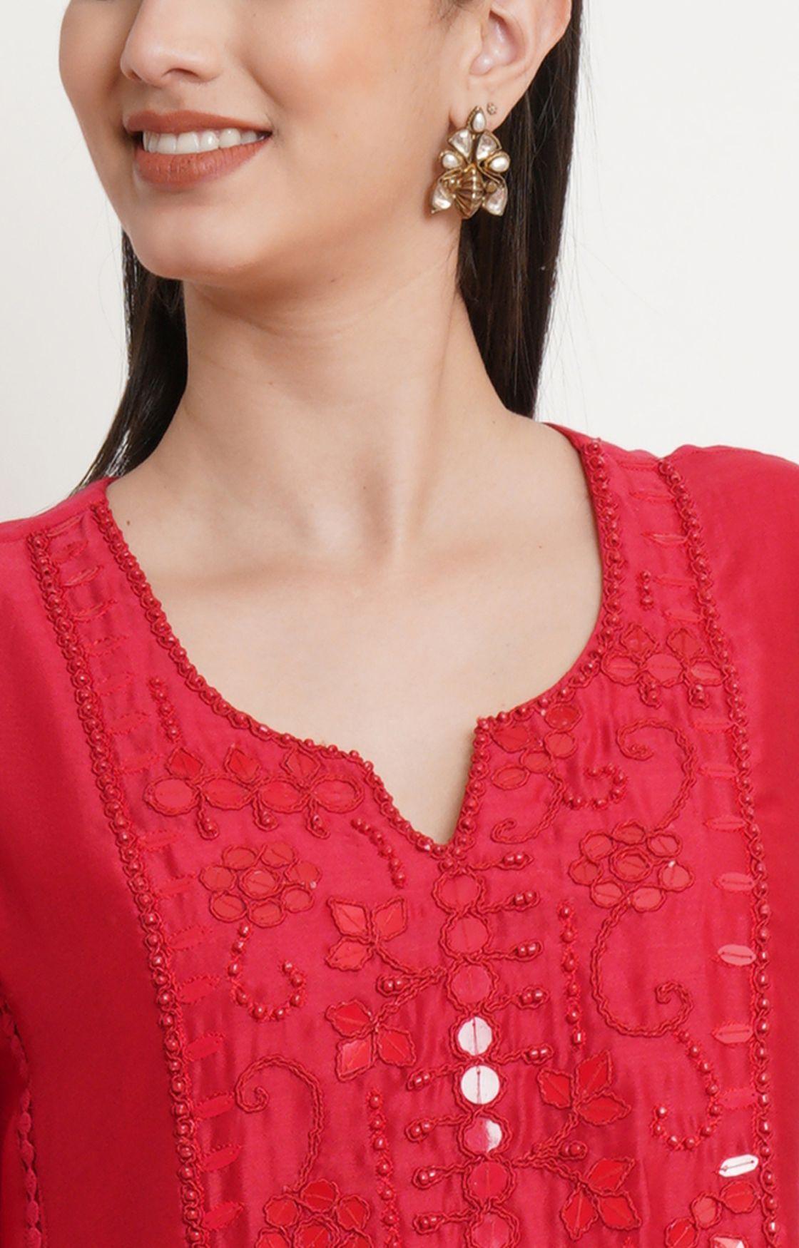 Red Tonal Embroidery Kurta Set