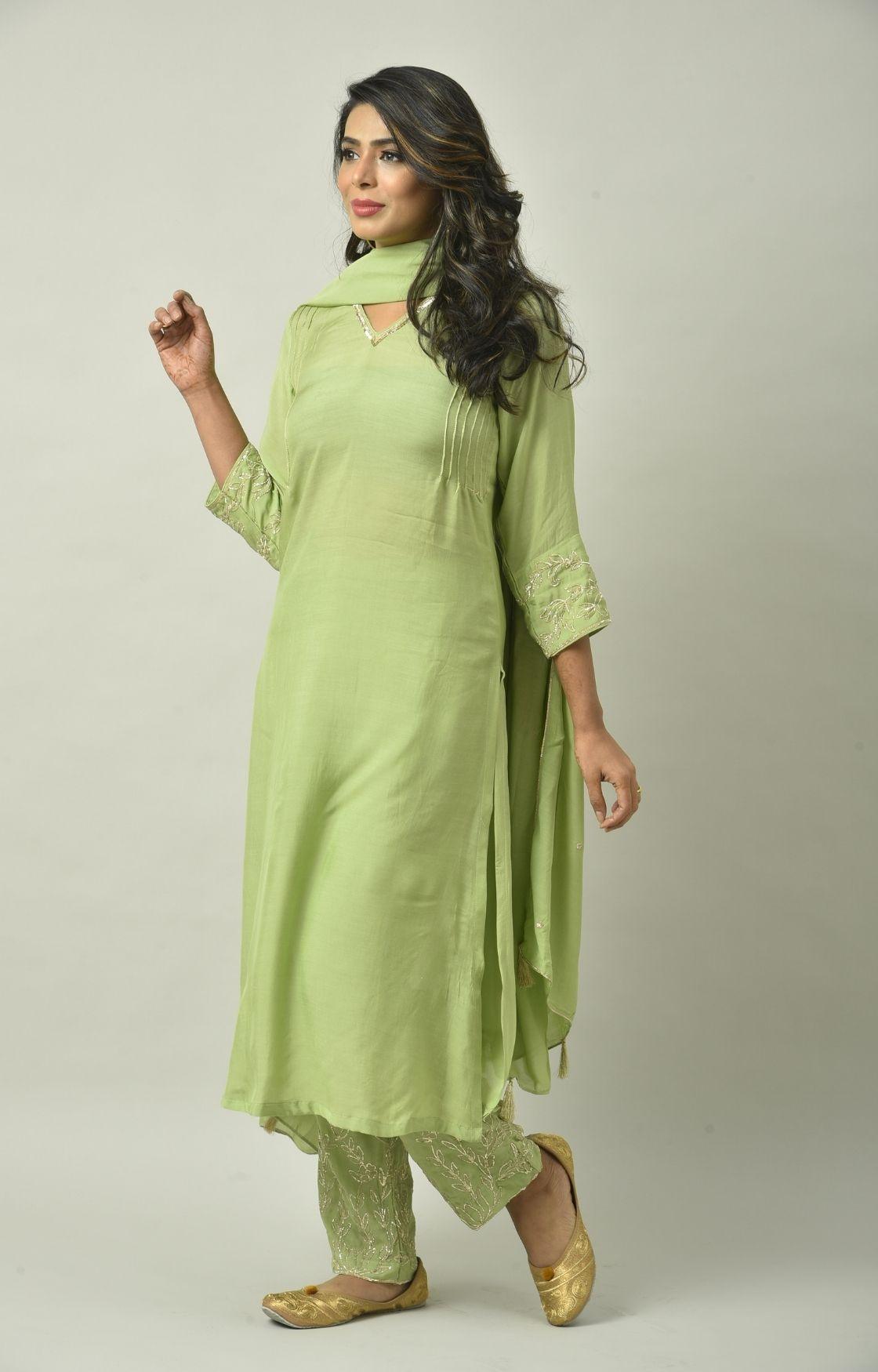 Green Naksi Hand Embroidery Kurta Set