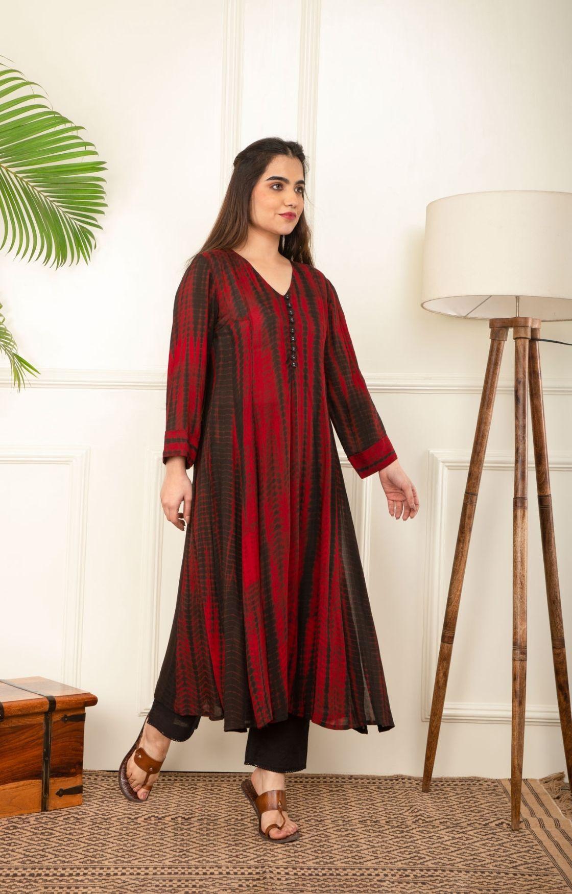 Red and Black Rope Tie Dye Kurta Set