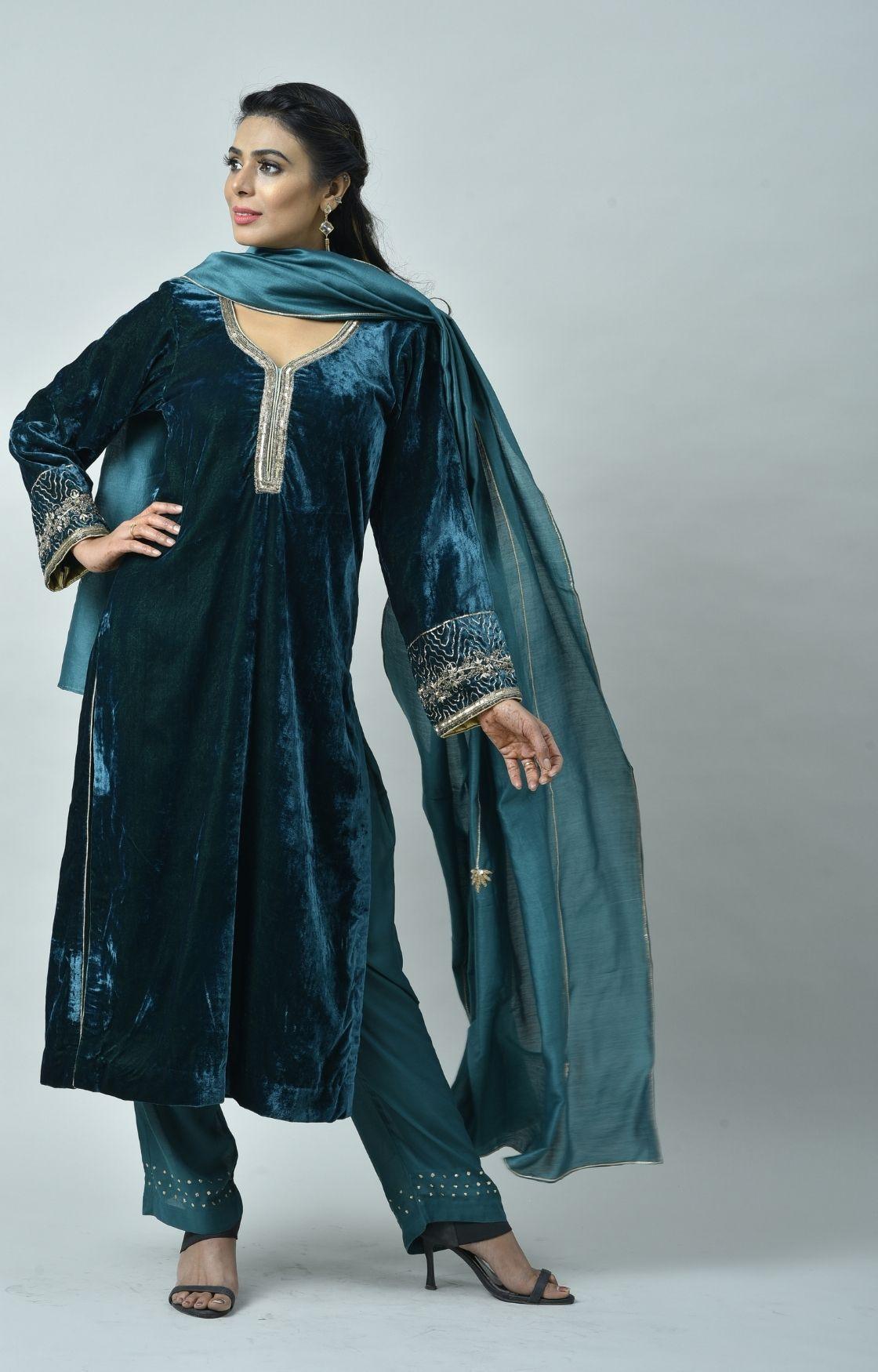 Teal Green Embroidered Velvet Kurta Set of 3