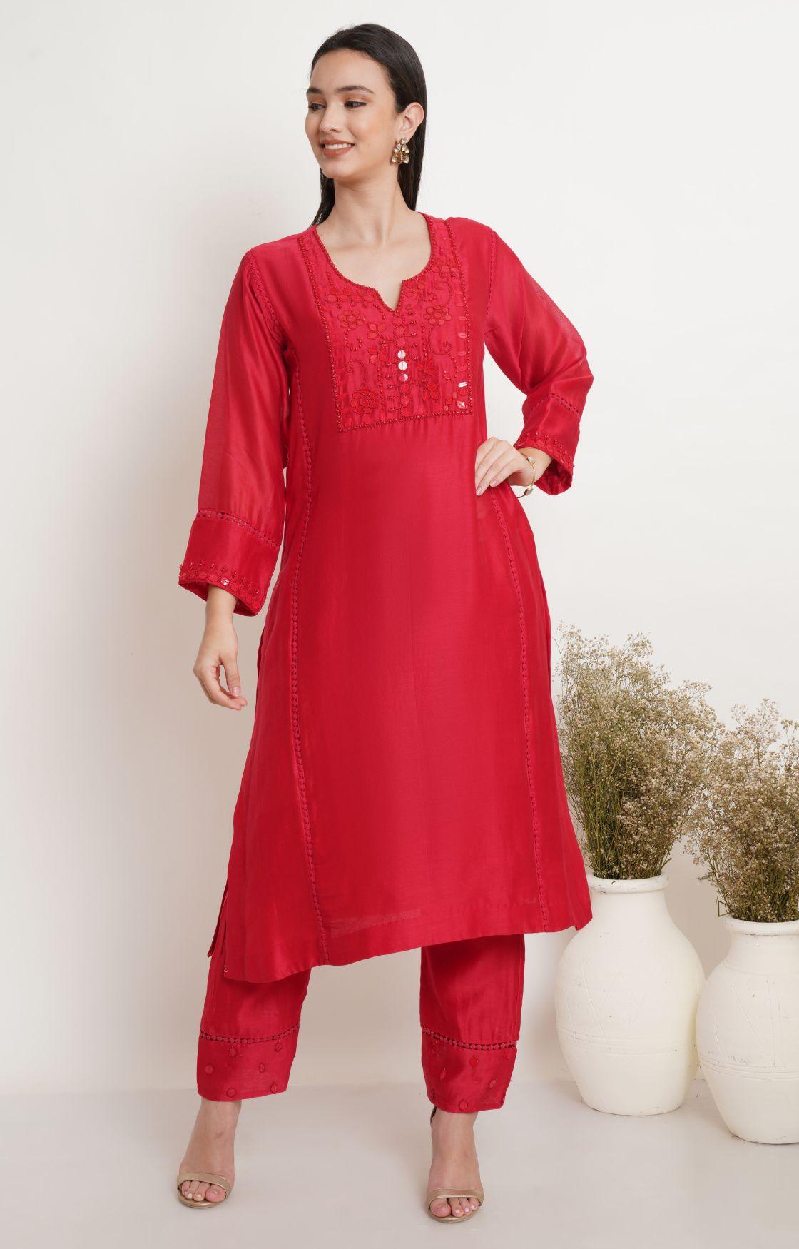 Red Tonal Embroidery Kurta Set