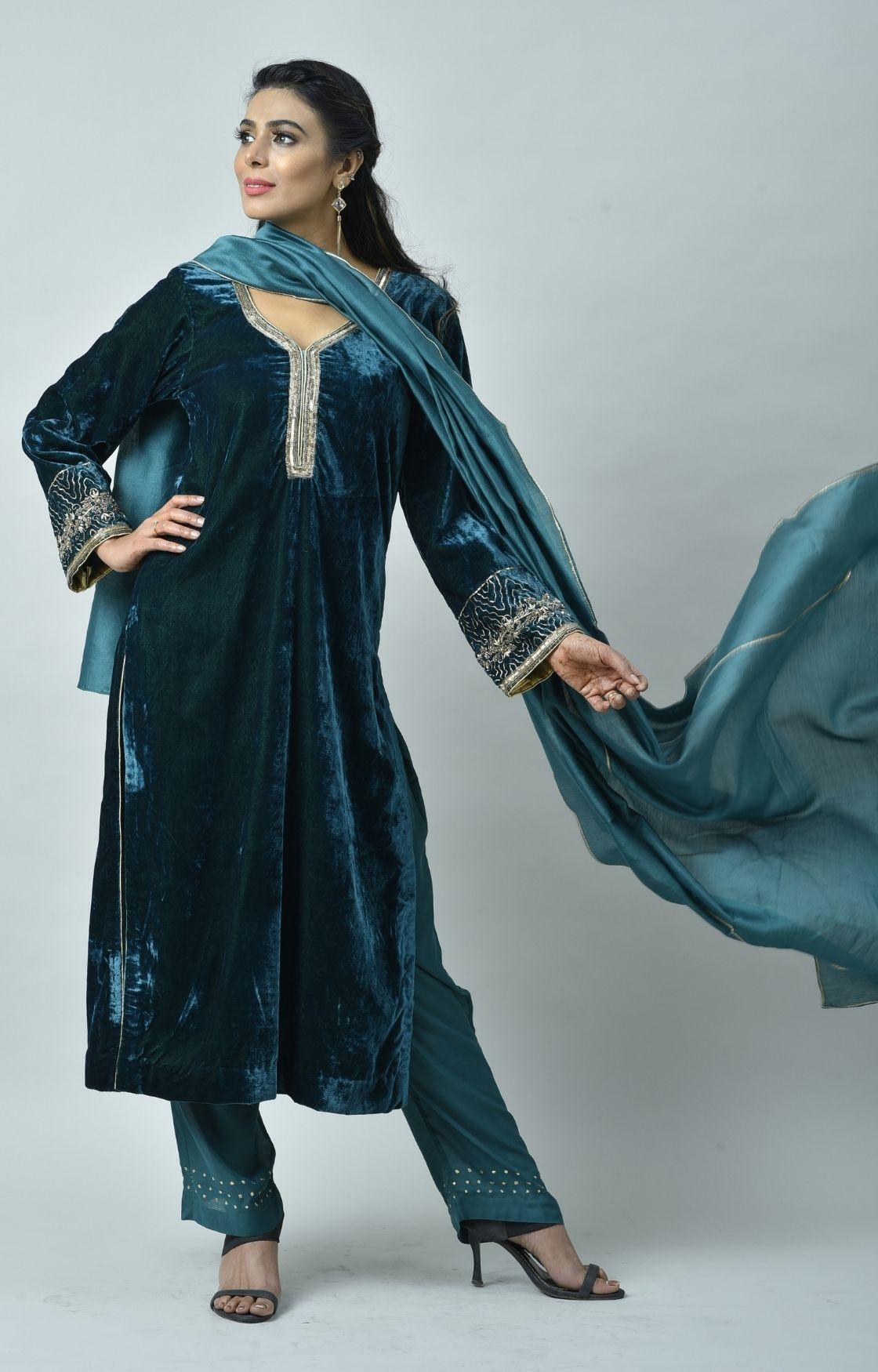 Teal Green Embroidered Velvet Kurta Set of 3
