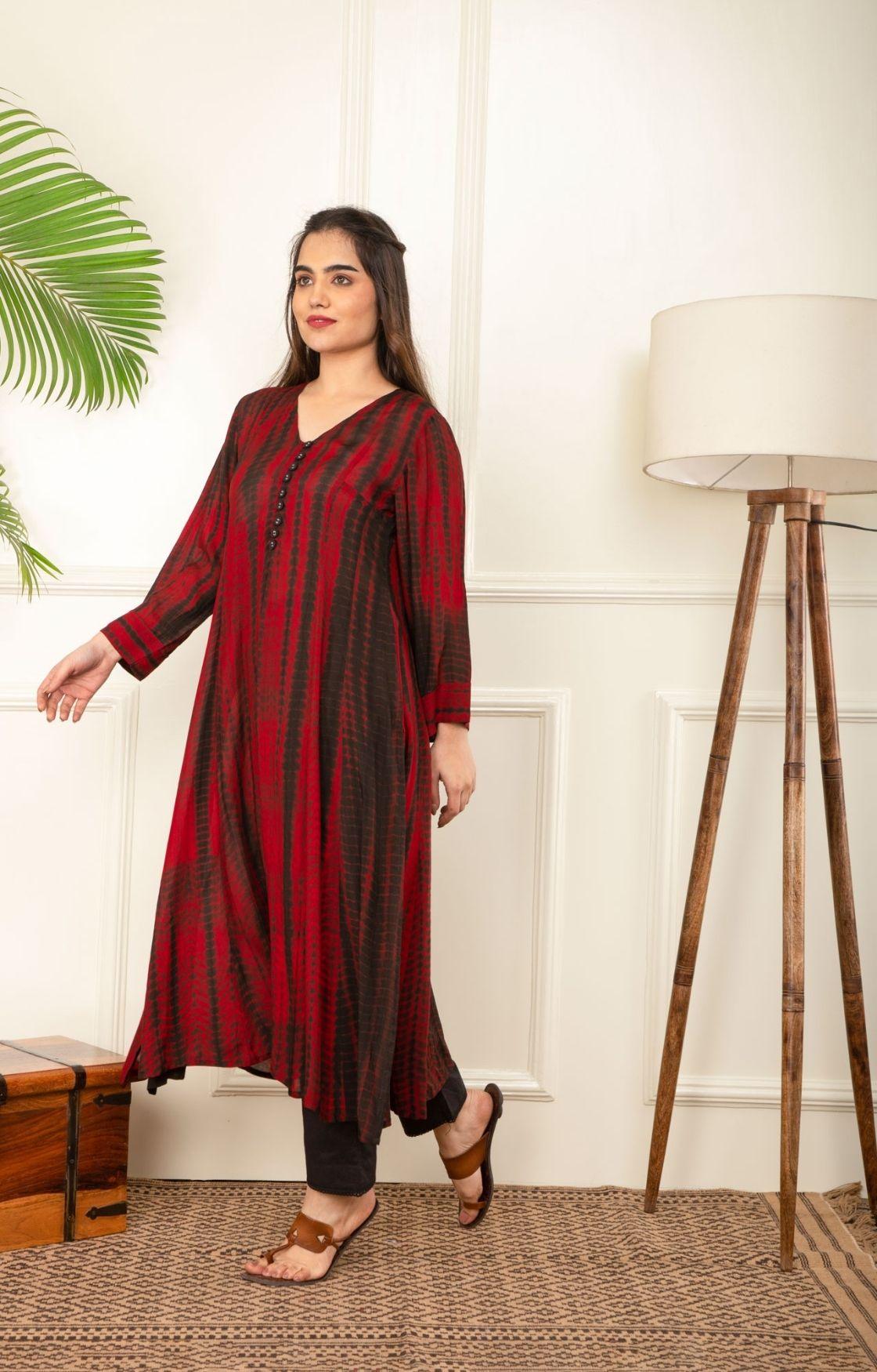 Red and Black Rope Tie Dye Kurta Set