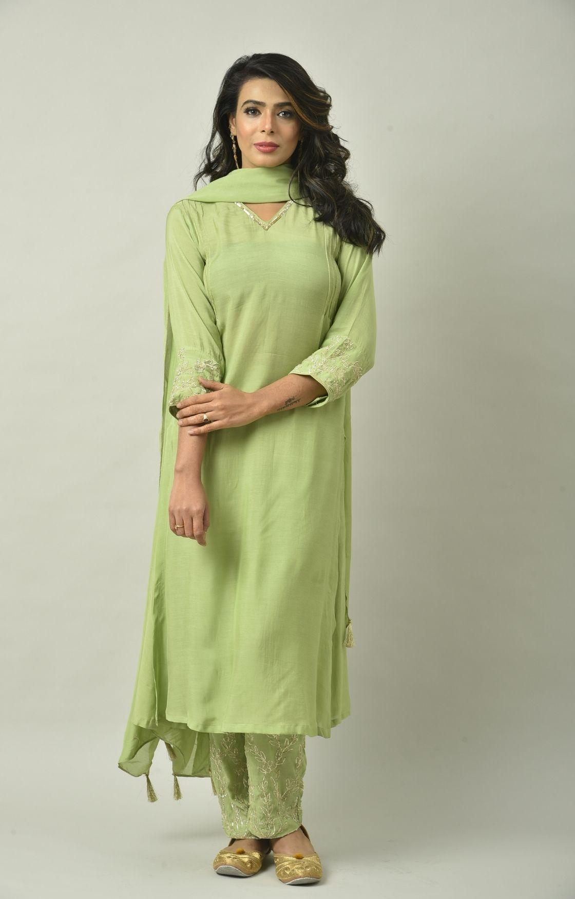 Green Naksi Hand Embroidery Kurta Set