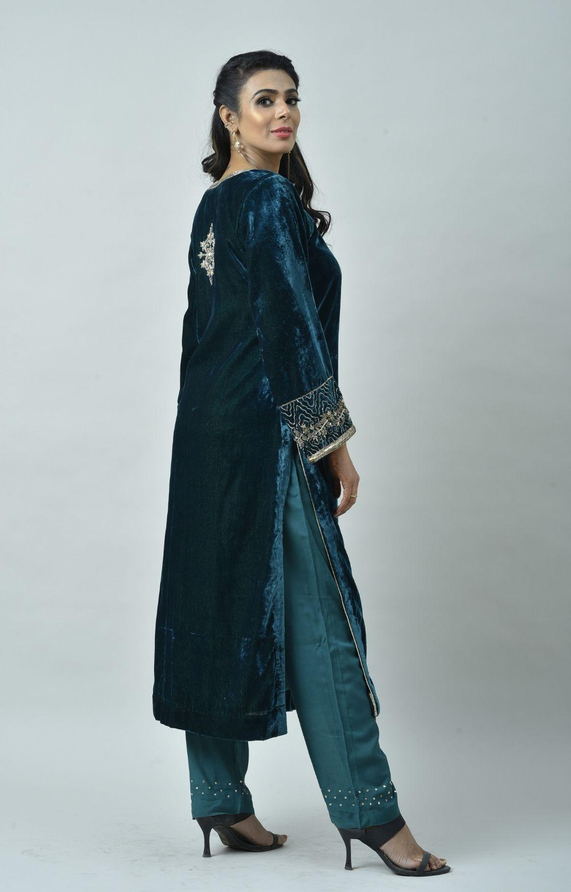 Teal Green Embroidered Velvet Kurta Set of 3