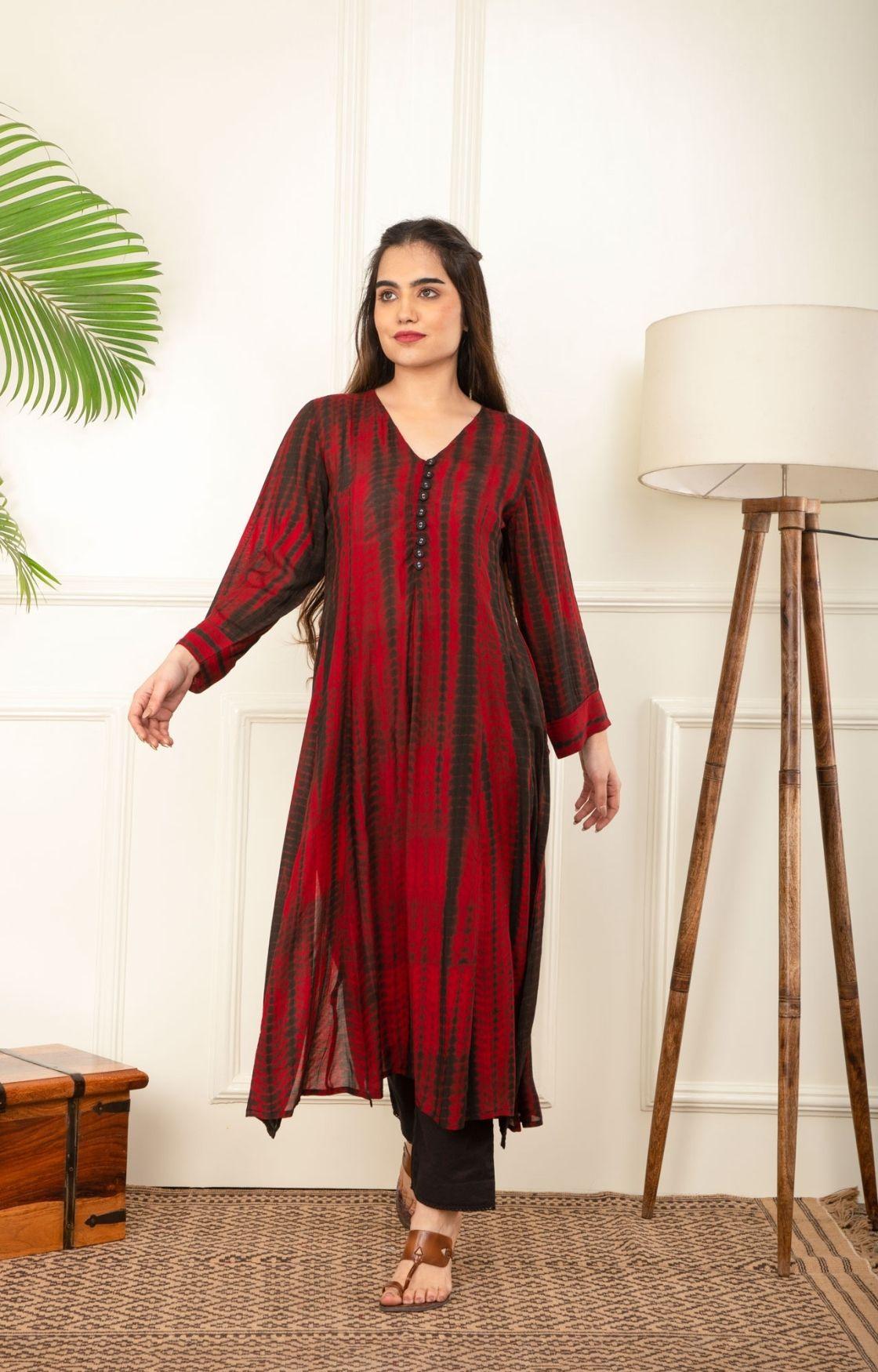Red and Black Rope Tie Dye Kurta Set