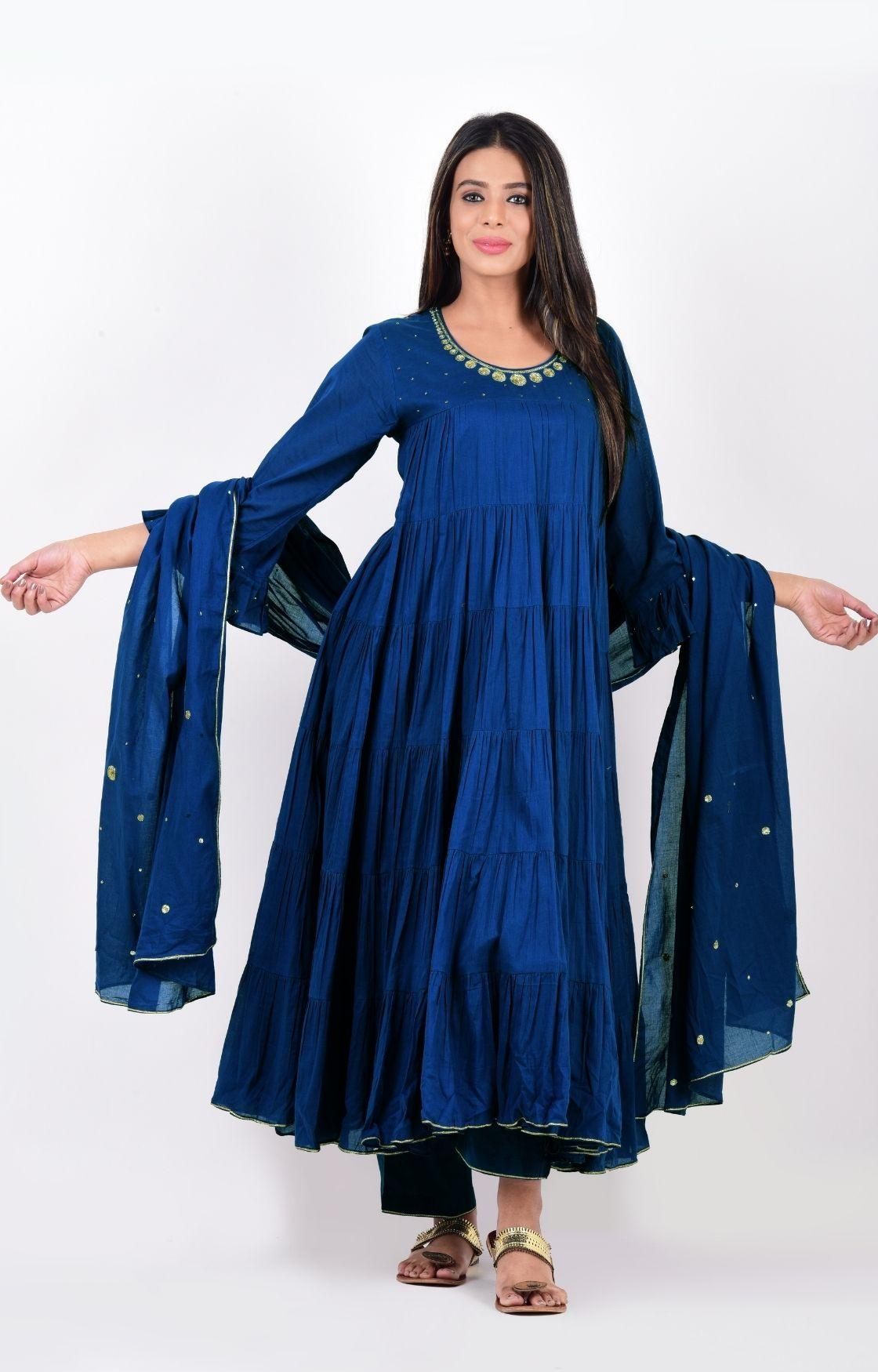 Royal Blue Crinkled Layered Kurta Set
