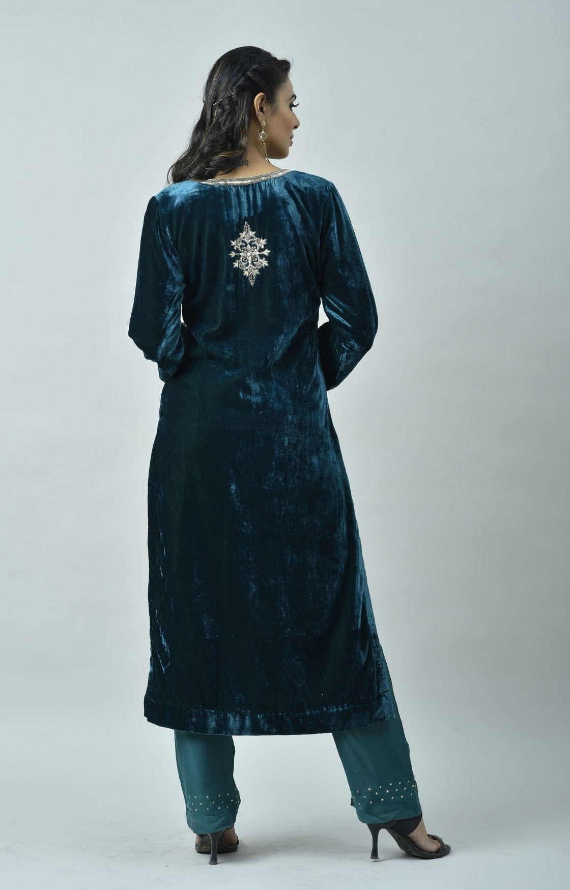 Teal Green Embroidered Velvet Kurta Set of 3