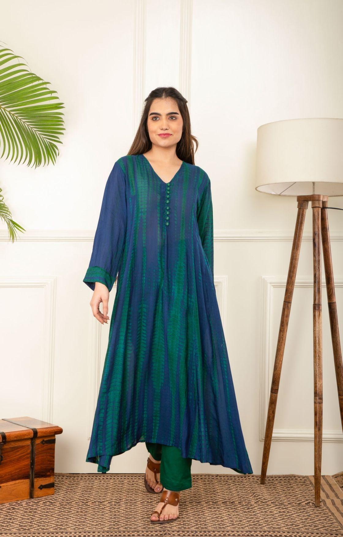 Blue And Green Rope Tie Dye Kurta Set