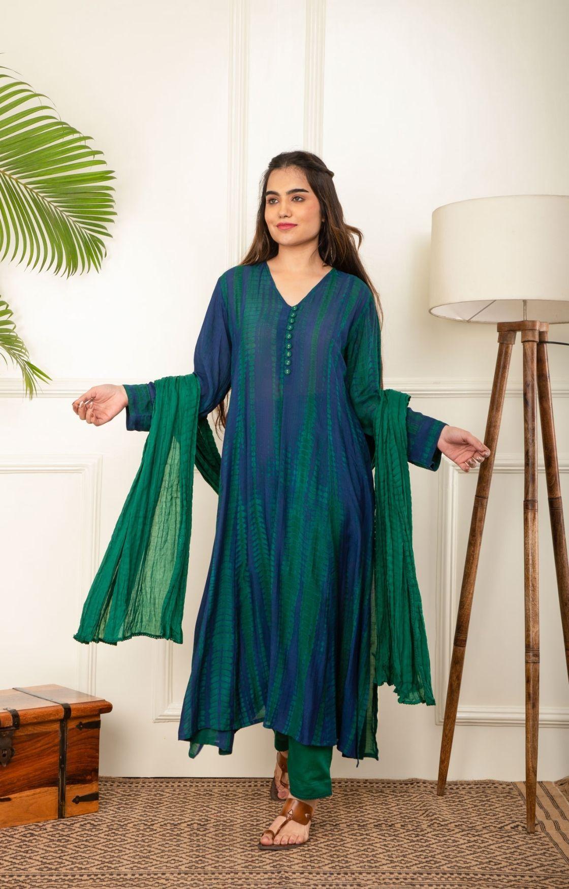Blue And Green Rope Tie Dye Kurta Set