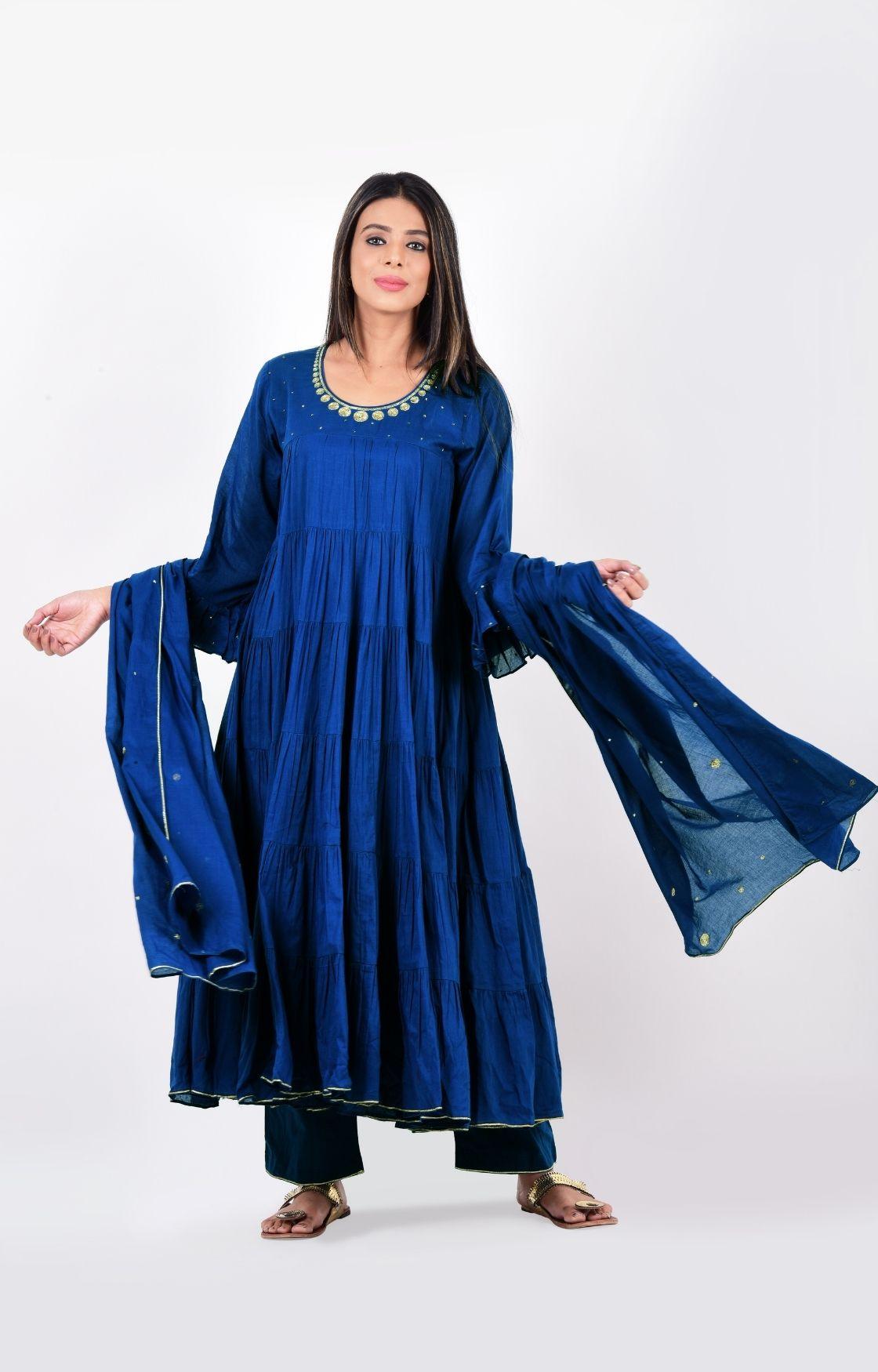 Royal Blue Crinkled Layered Kurta Set