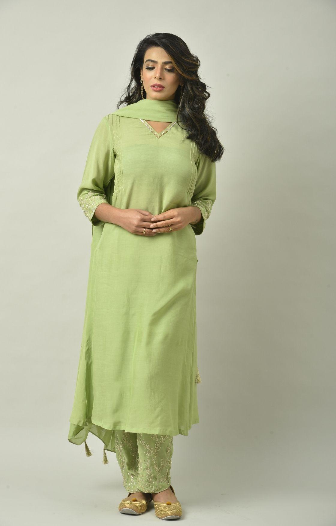 Green Naksi Hand Embroidery Kurta Set
