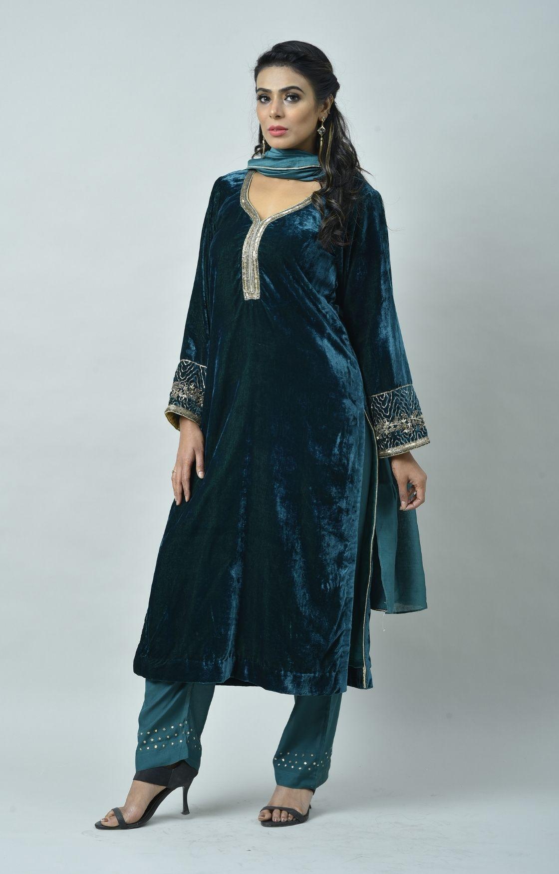 Teal Green Embroidered Velvet Kurta Set of 3