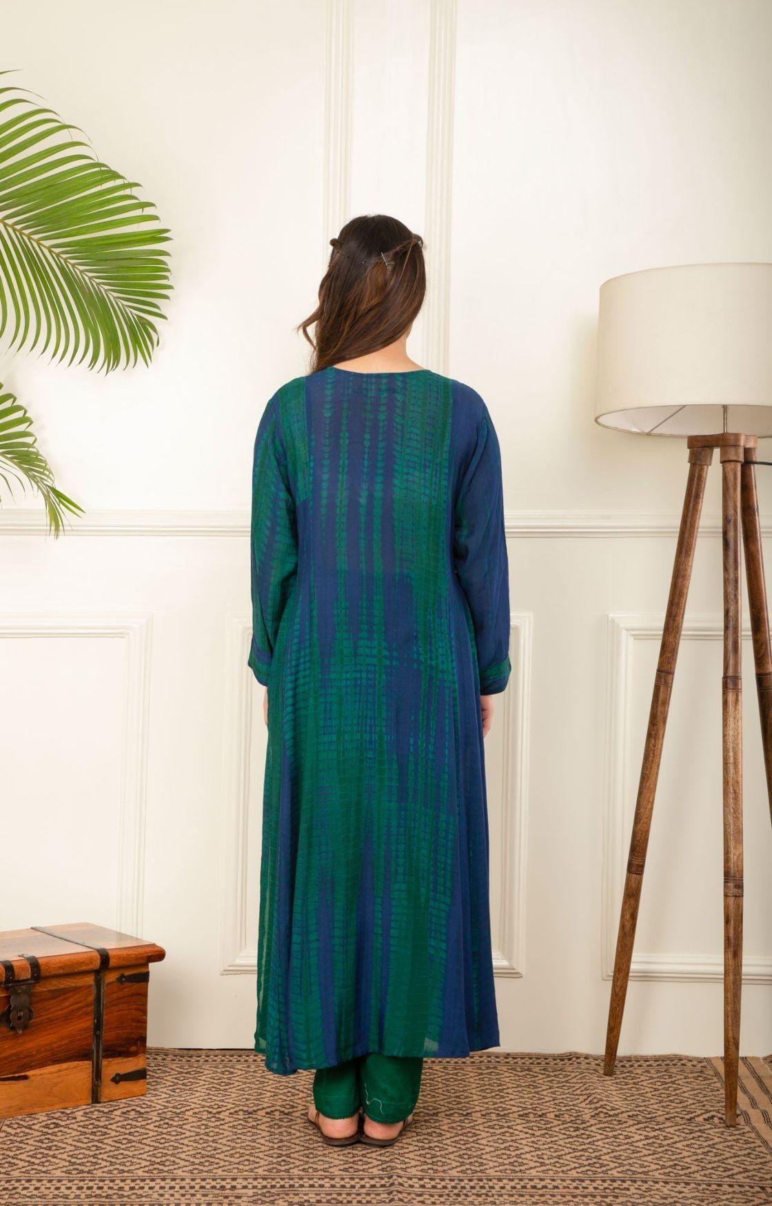 Blue And Green Rope Tie Dye Kurta Set