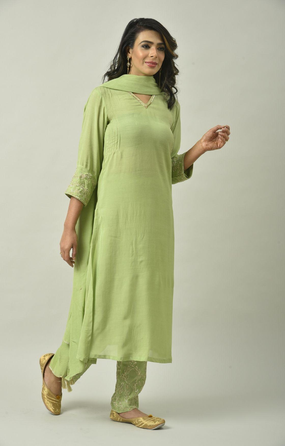 Green Naksi Hand Embroidery Kurta Set