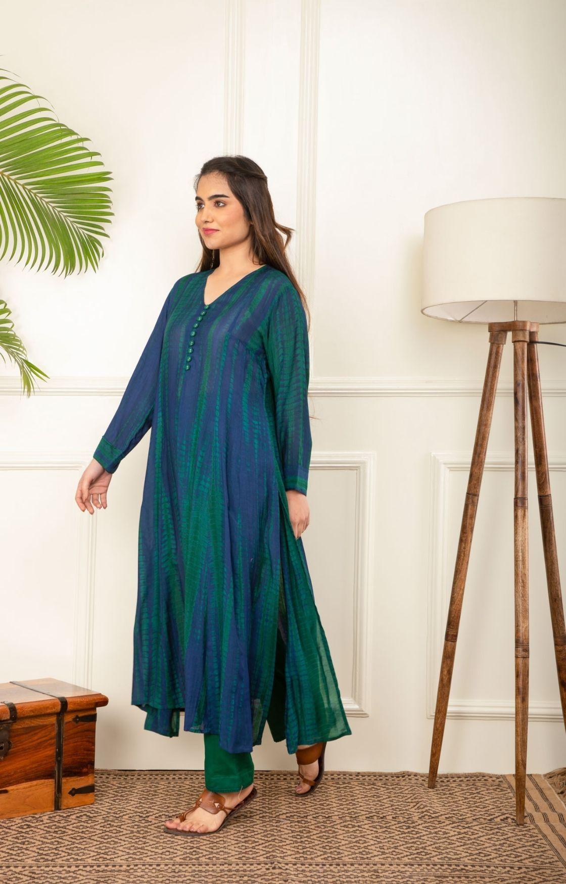Blue And Green Rope Tie Dye Kurta Set