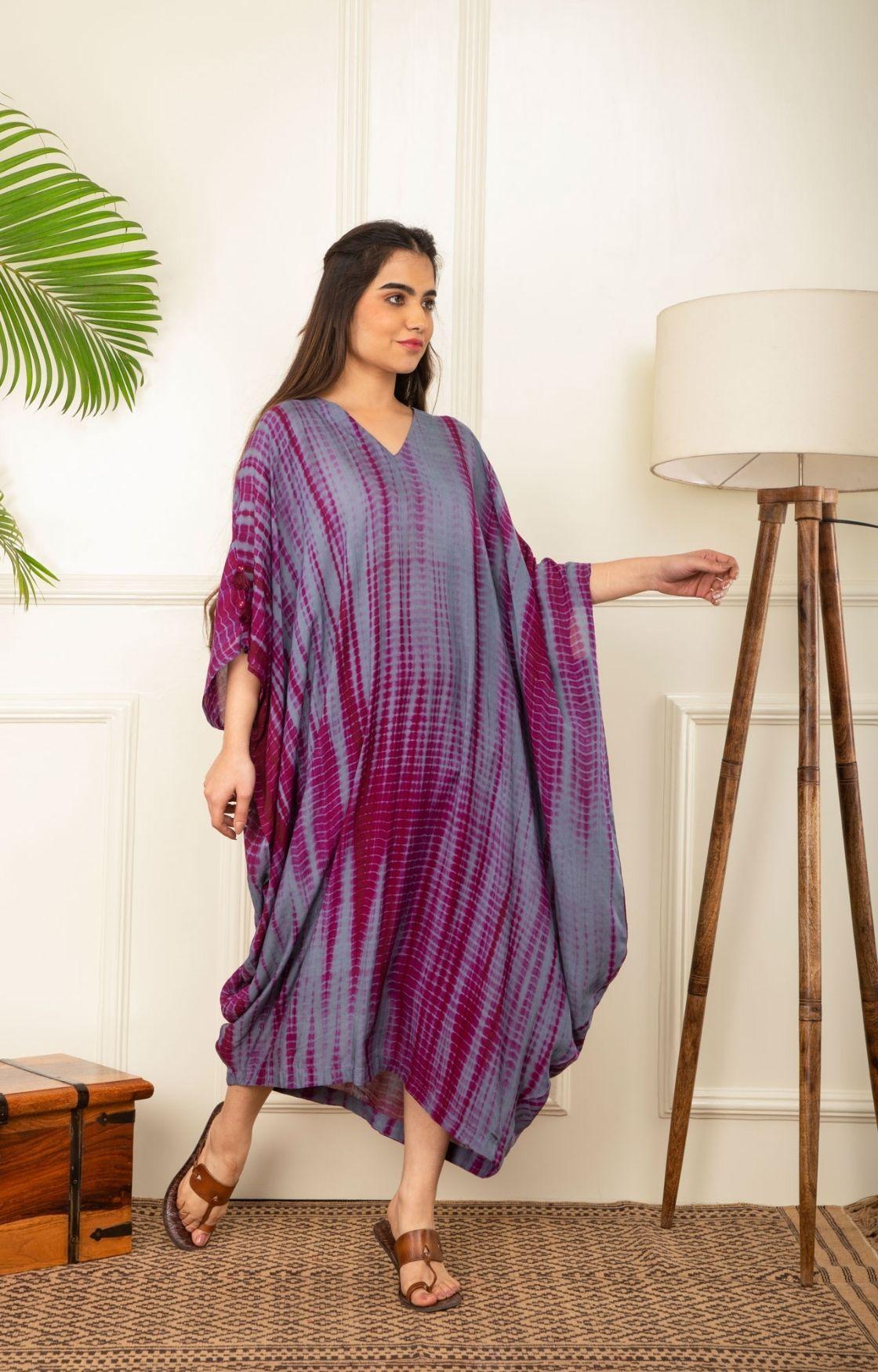 Wine and Grey Rope Tie Dye Cowl Kaftan