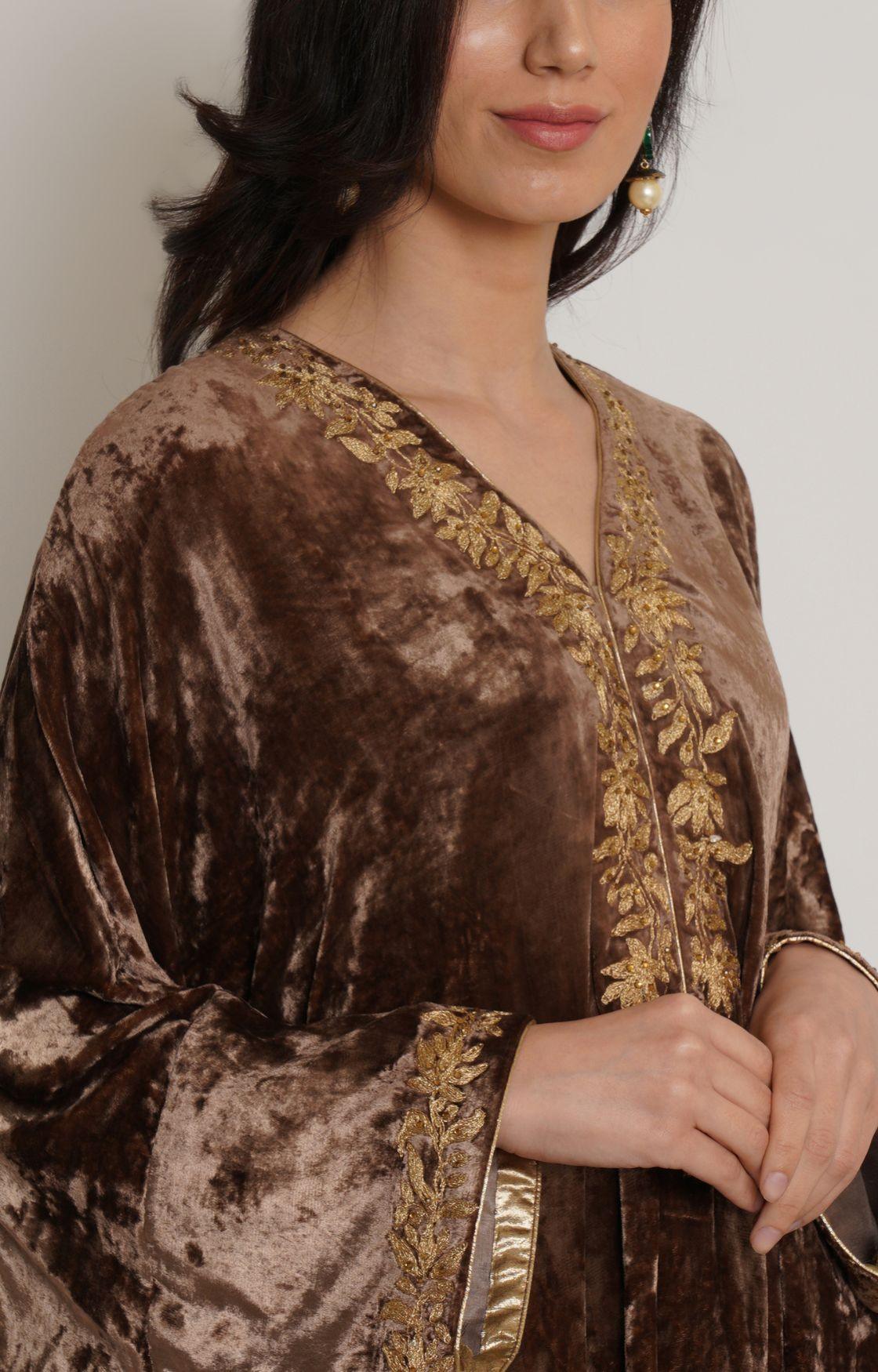 Beige Gold Velvet Embroidered Kaftan Set  of 2