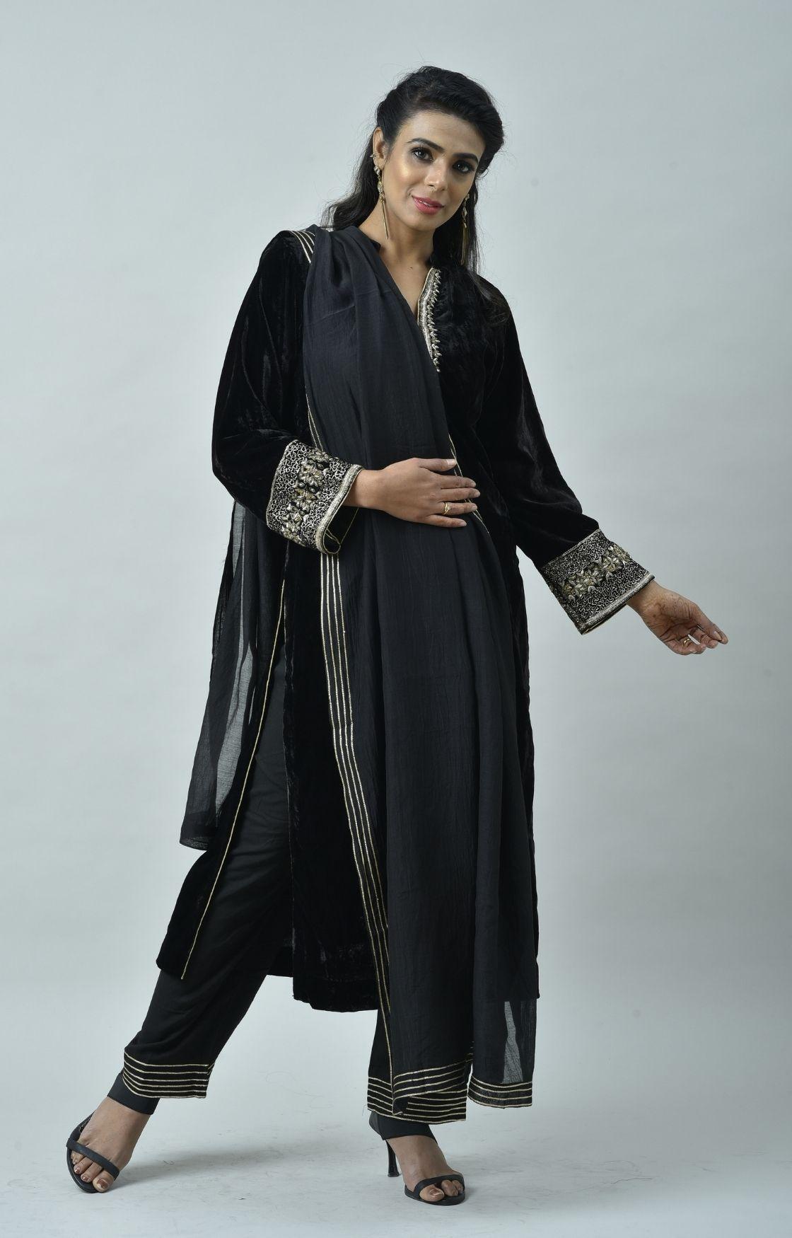 Black Velvet Kurta Set of 3