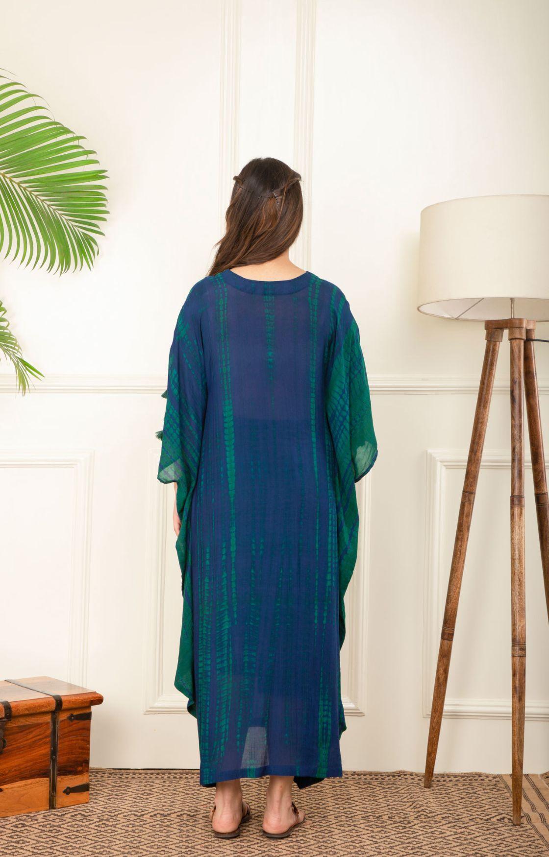 Blue And Green Rope Tie Dye Cowl Kaftan