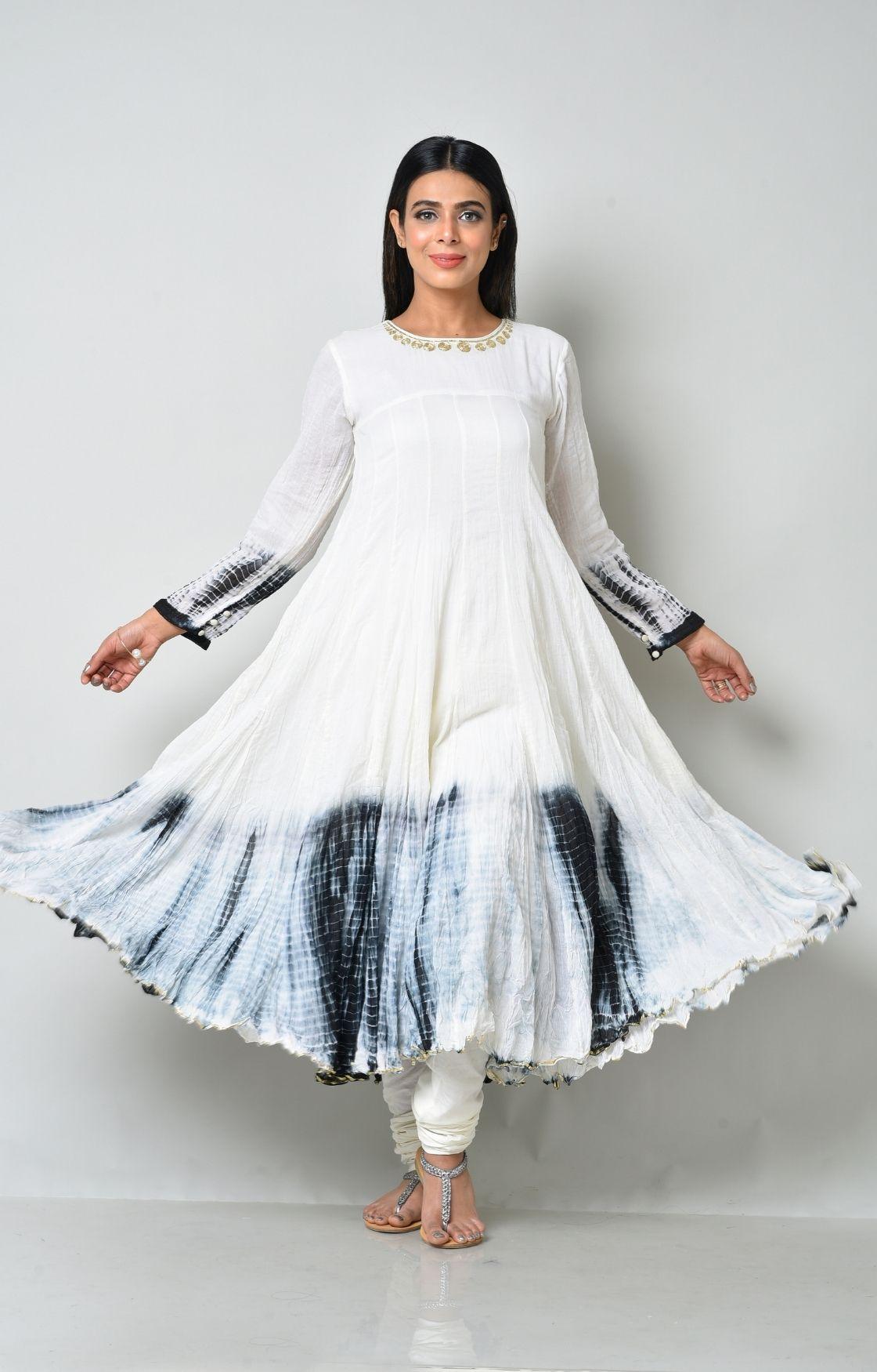 White Black Tie Dye Crinkled Kurta Set