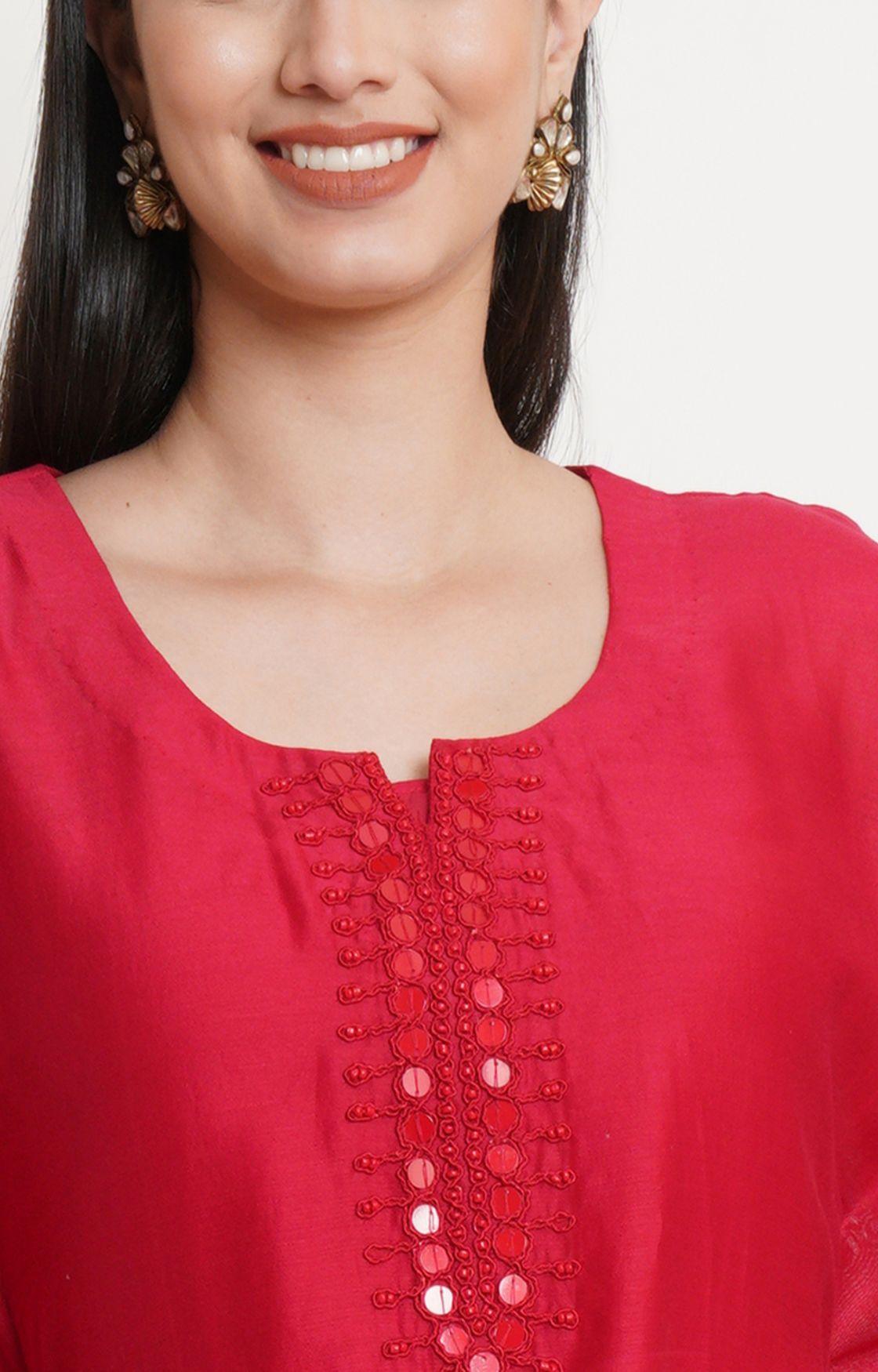 Red Tonal Embroidery Kaftan Set