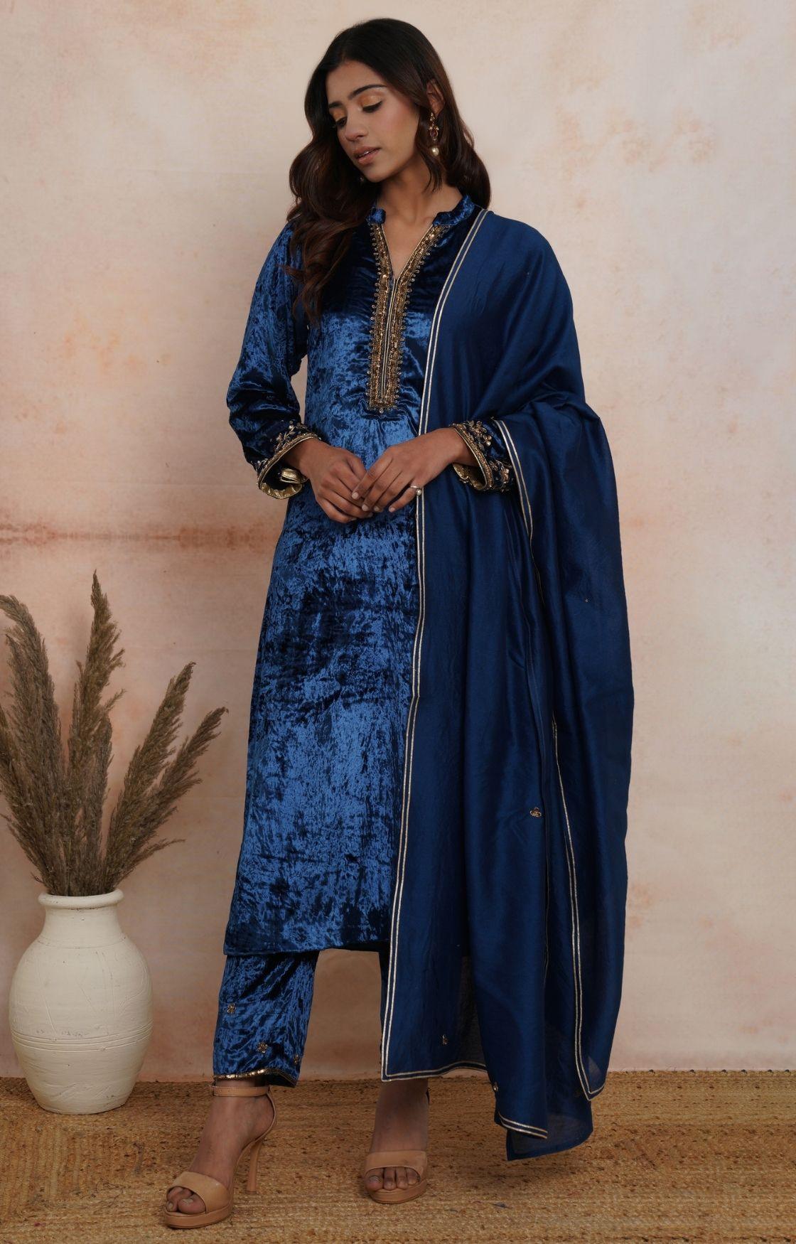 Royal Blue Velvet Kurta Set