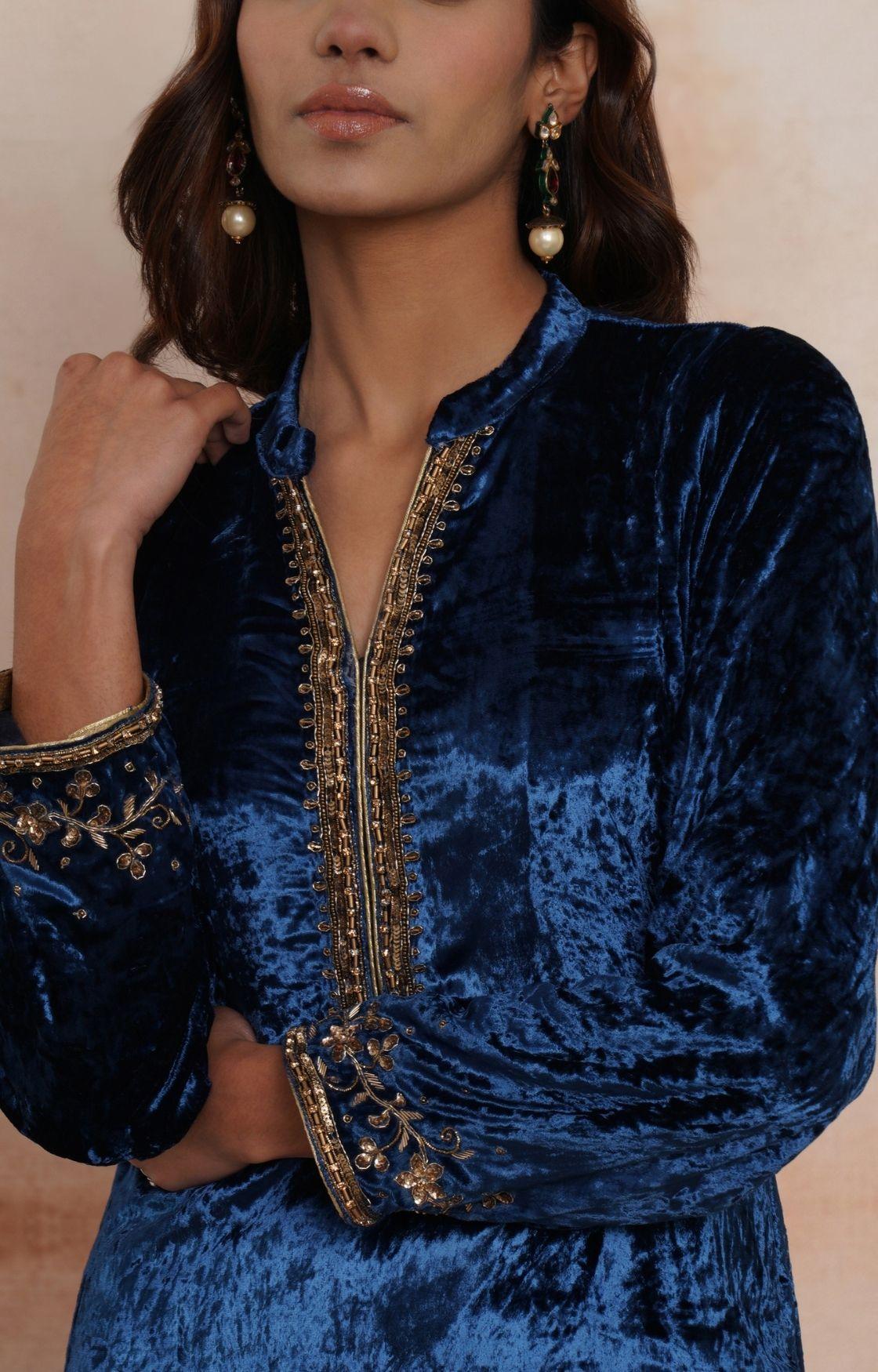 Royal Blue Velvet Kurta Set