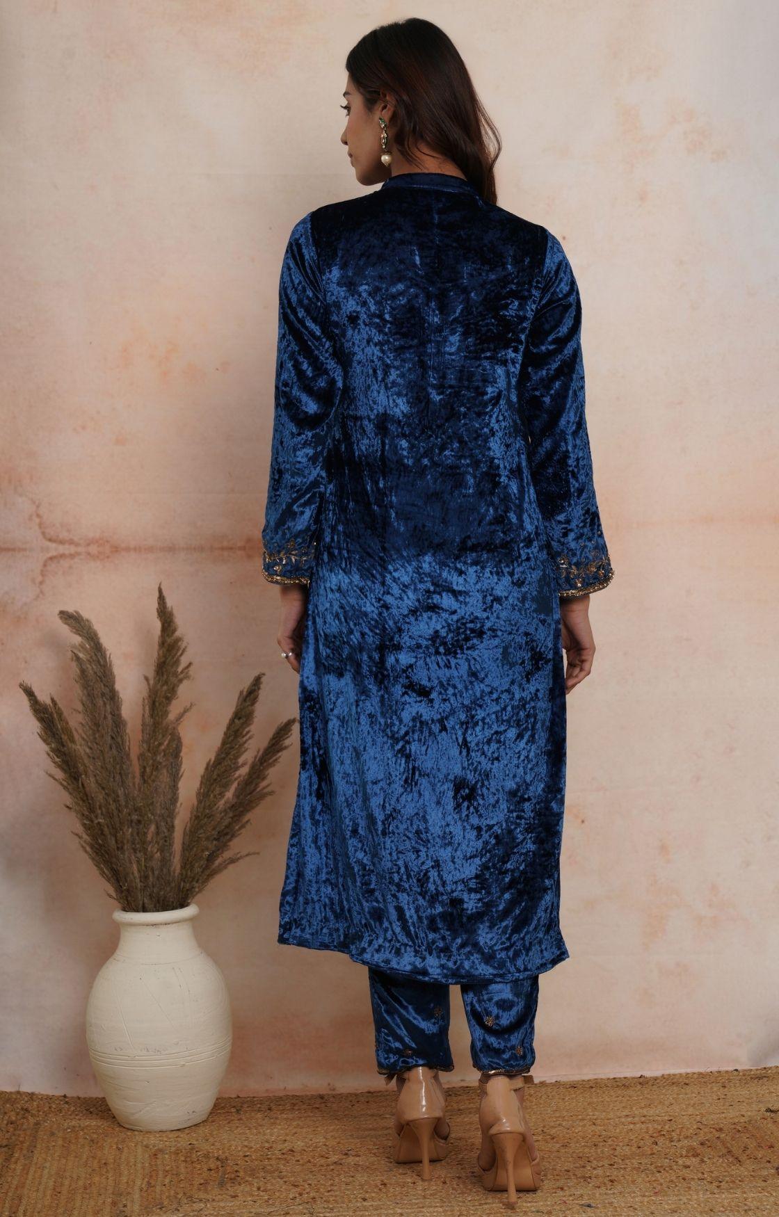 Royal Blue Velvet Kurta Set