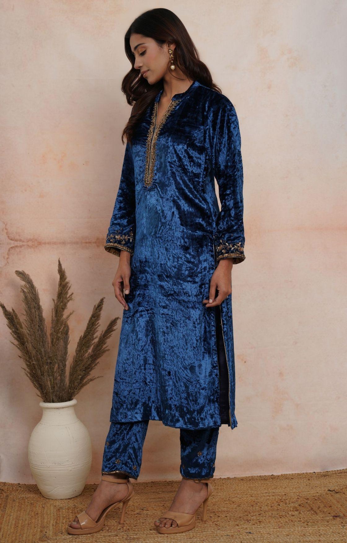 Royal Blue Velvet Kurta Set