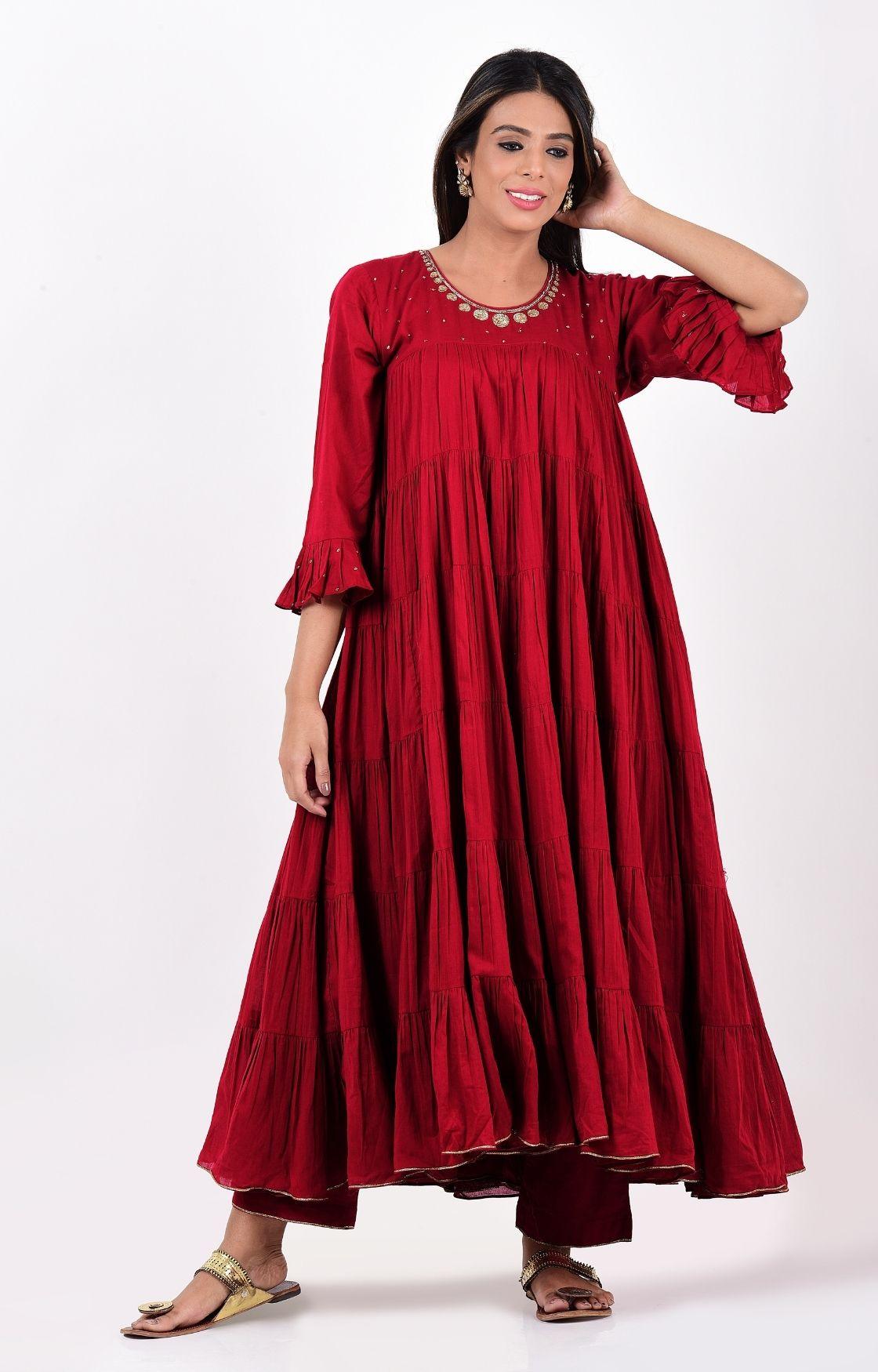 Cherry Red Crinkled Layered Kurta Set