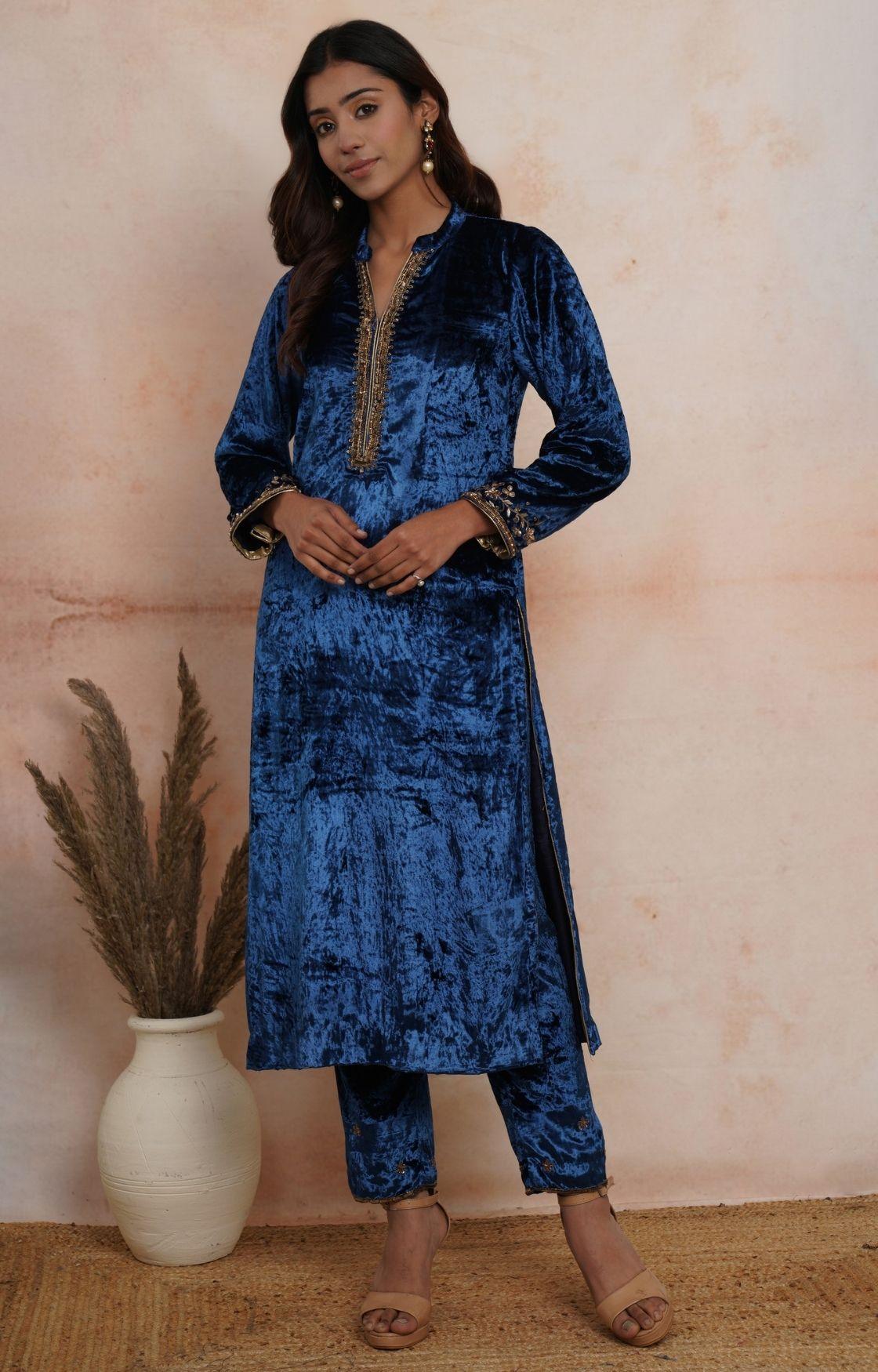 Royal Blue Velvet Kurta Set
